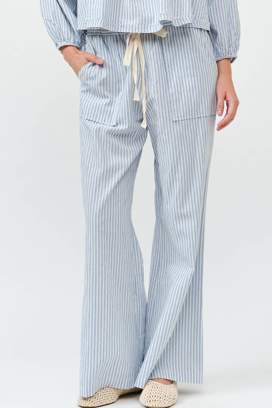 Blue Striped Wide Linen Pants
