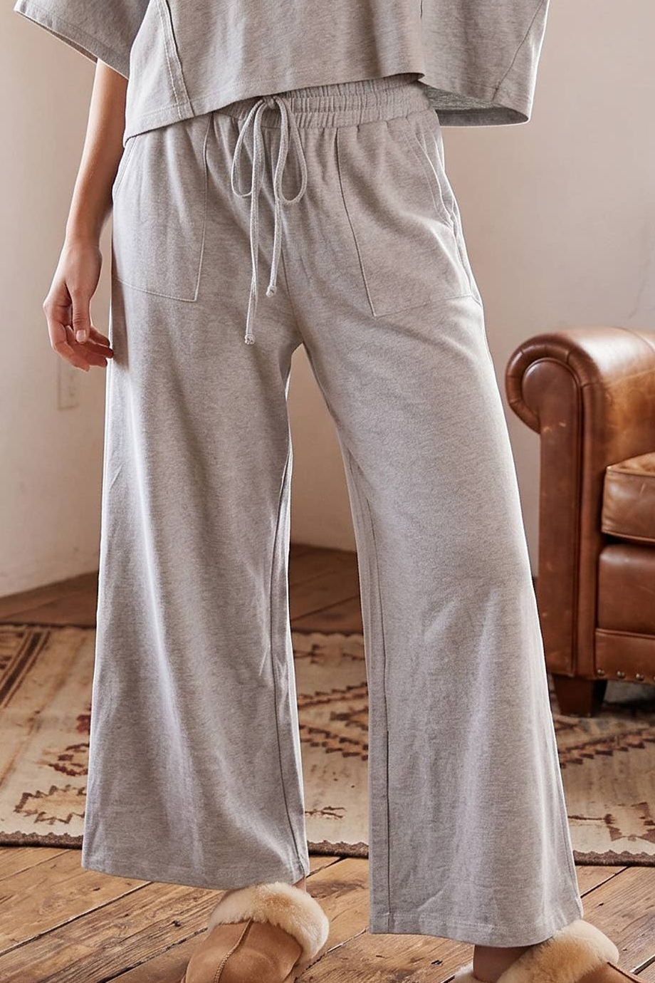 Grey Brushed Wide Leg Pants