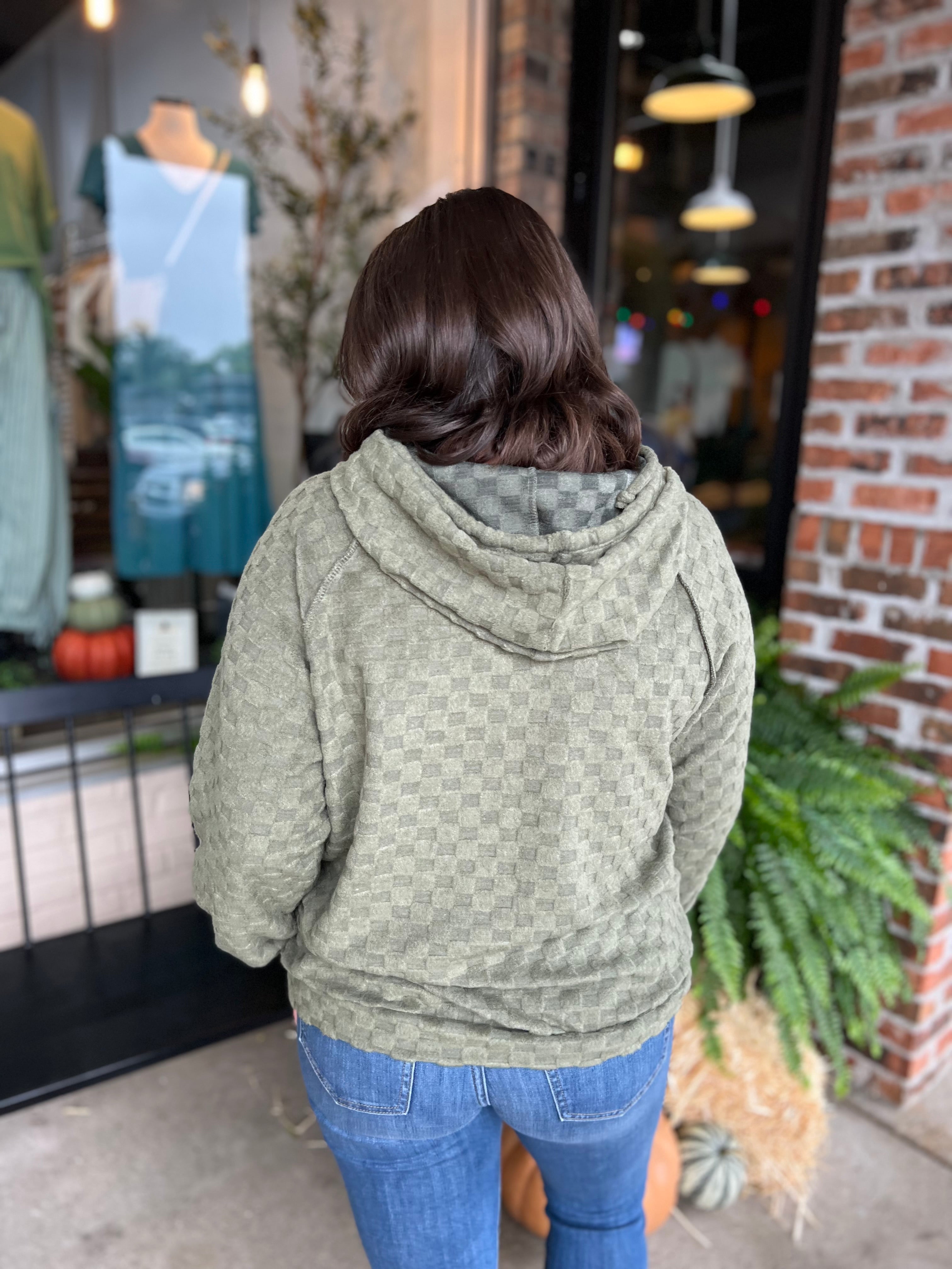 Olive Checker Knit Hoodie - FINAL SALE