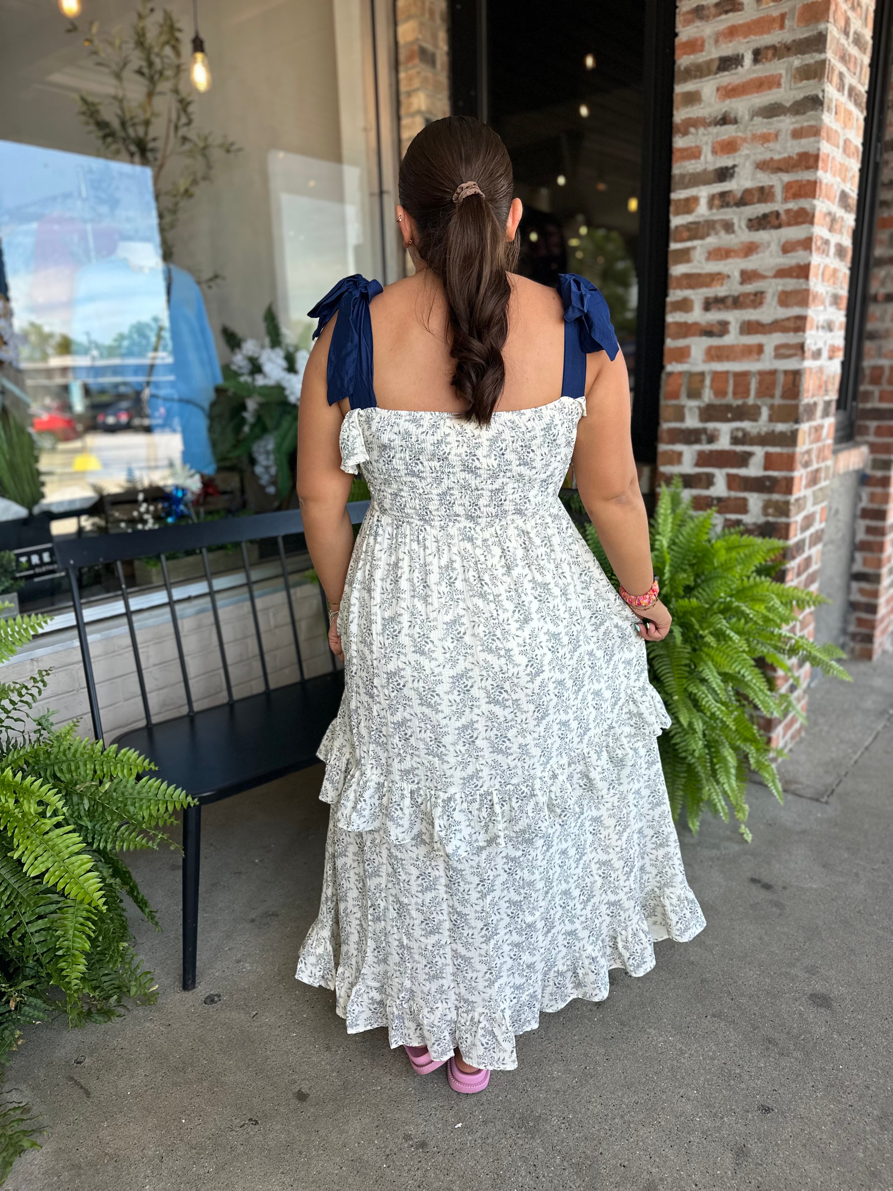 Indigo Ruffle Detailed Ribbon Strap Maxi Dress