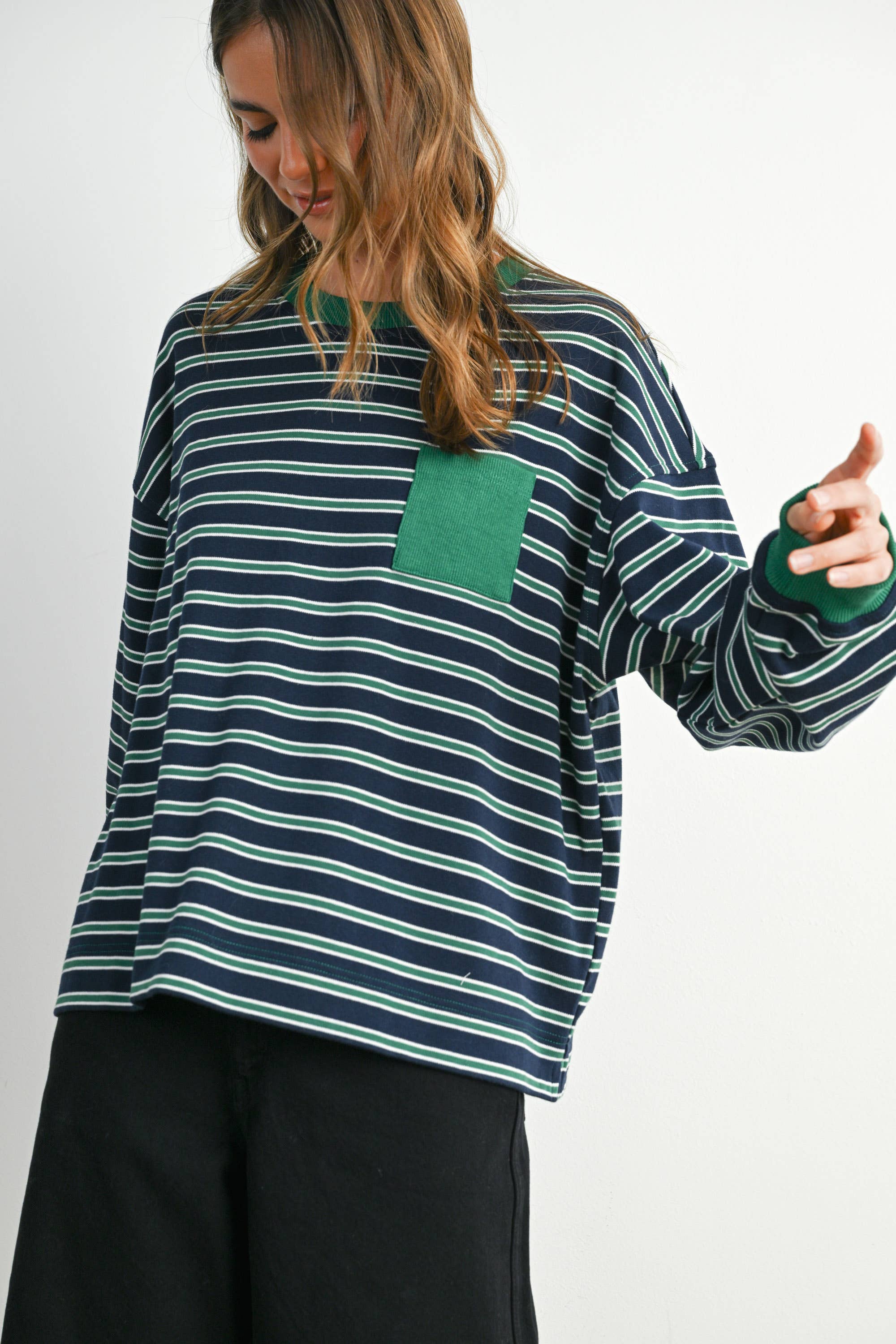 Green Striped Crew Neck Long Sleeve Top - FINAL SALE