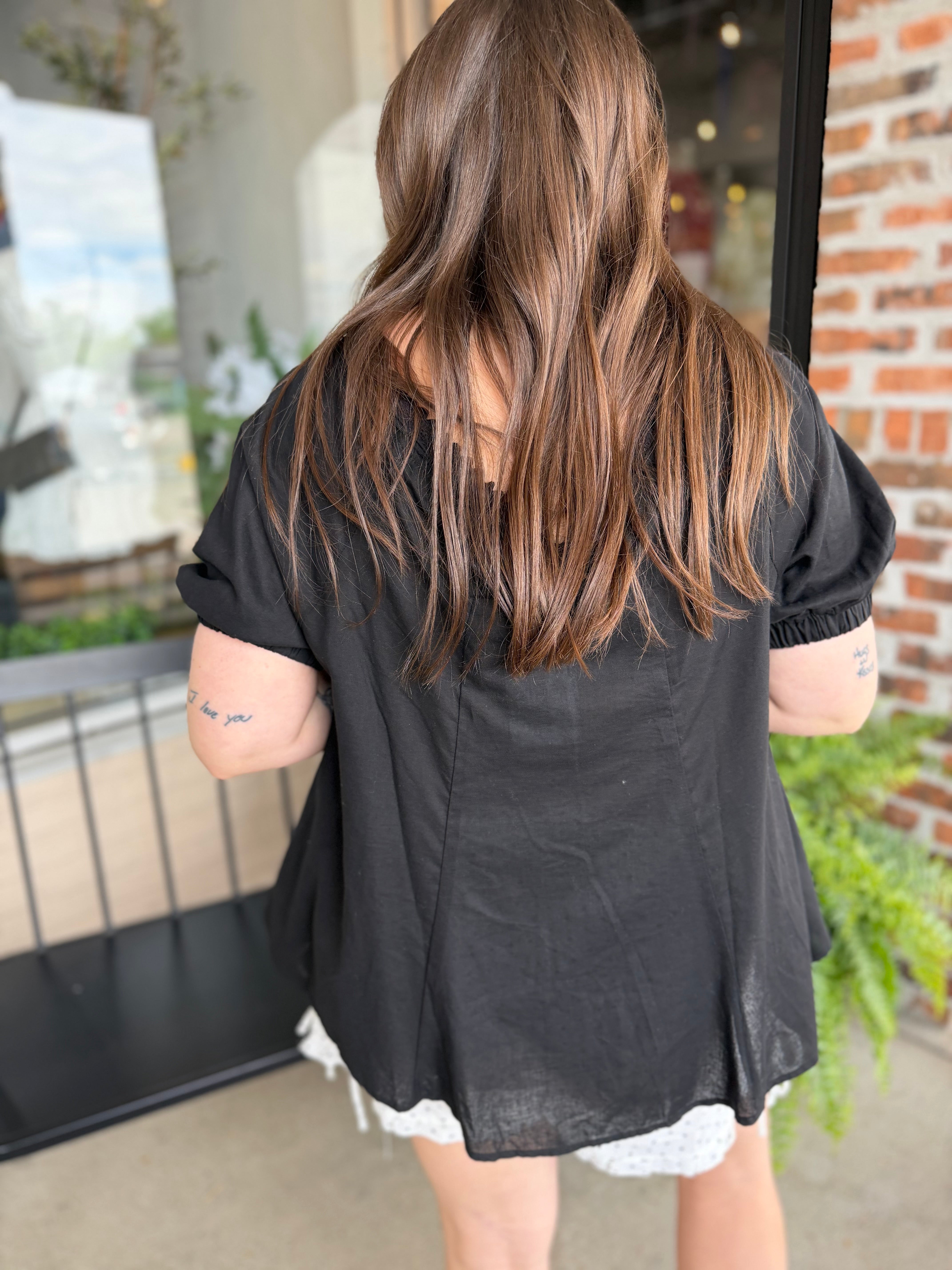 Black Eyelet Trim Puff Sleeve Top