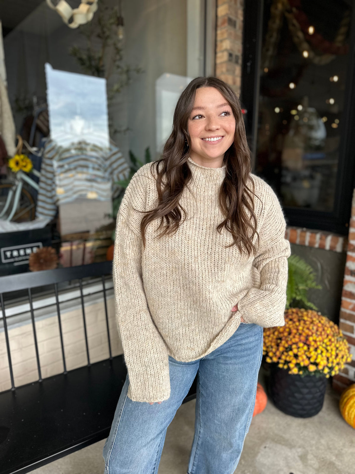 Cream Mock Neck Oversized Sweater