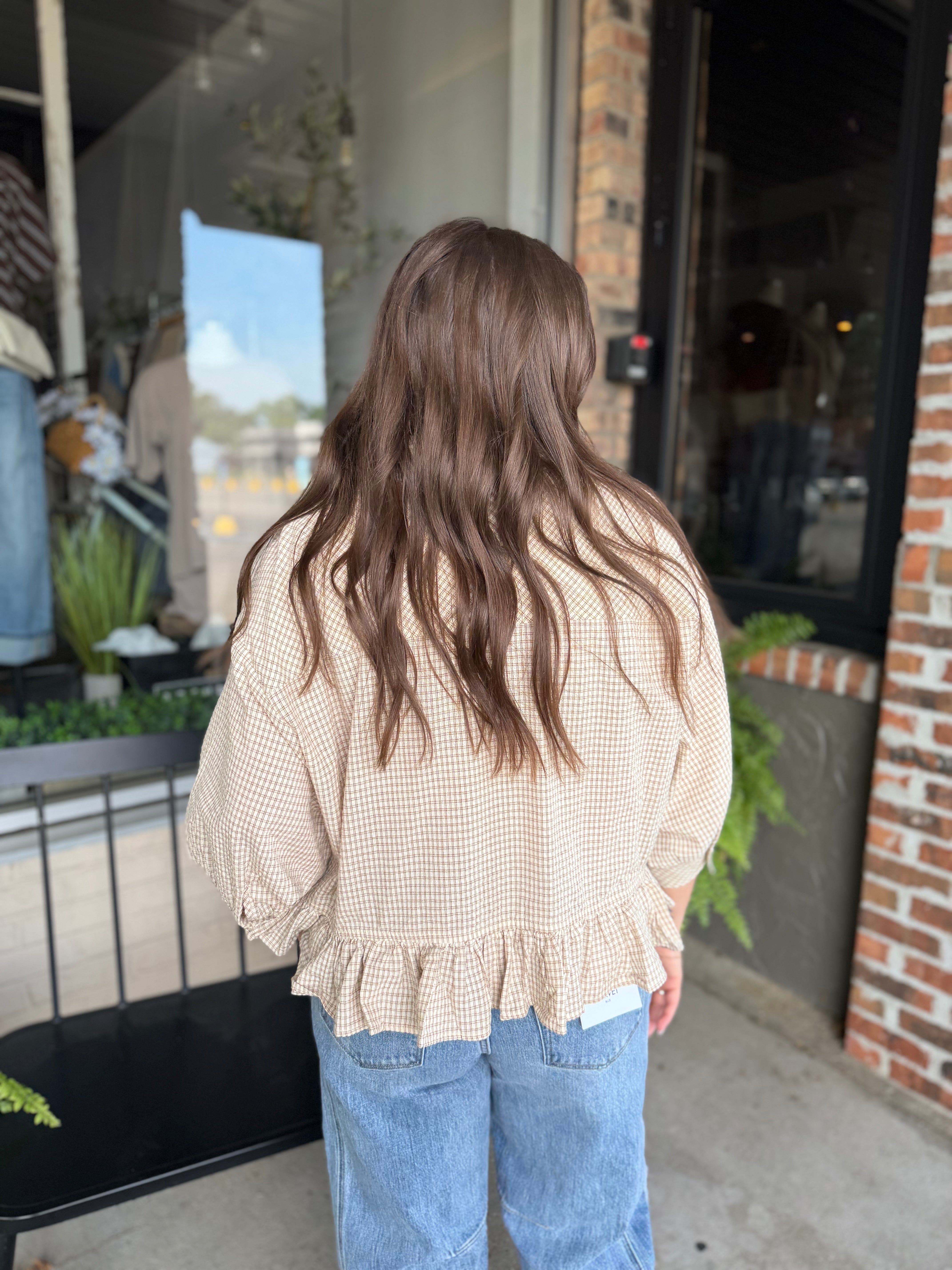 Oat Micro Check Button Down Top