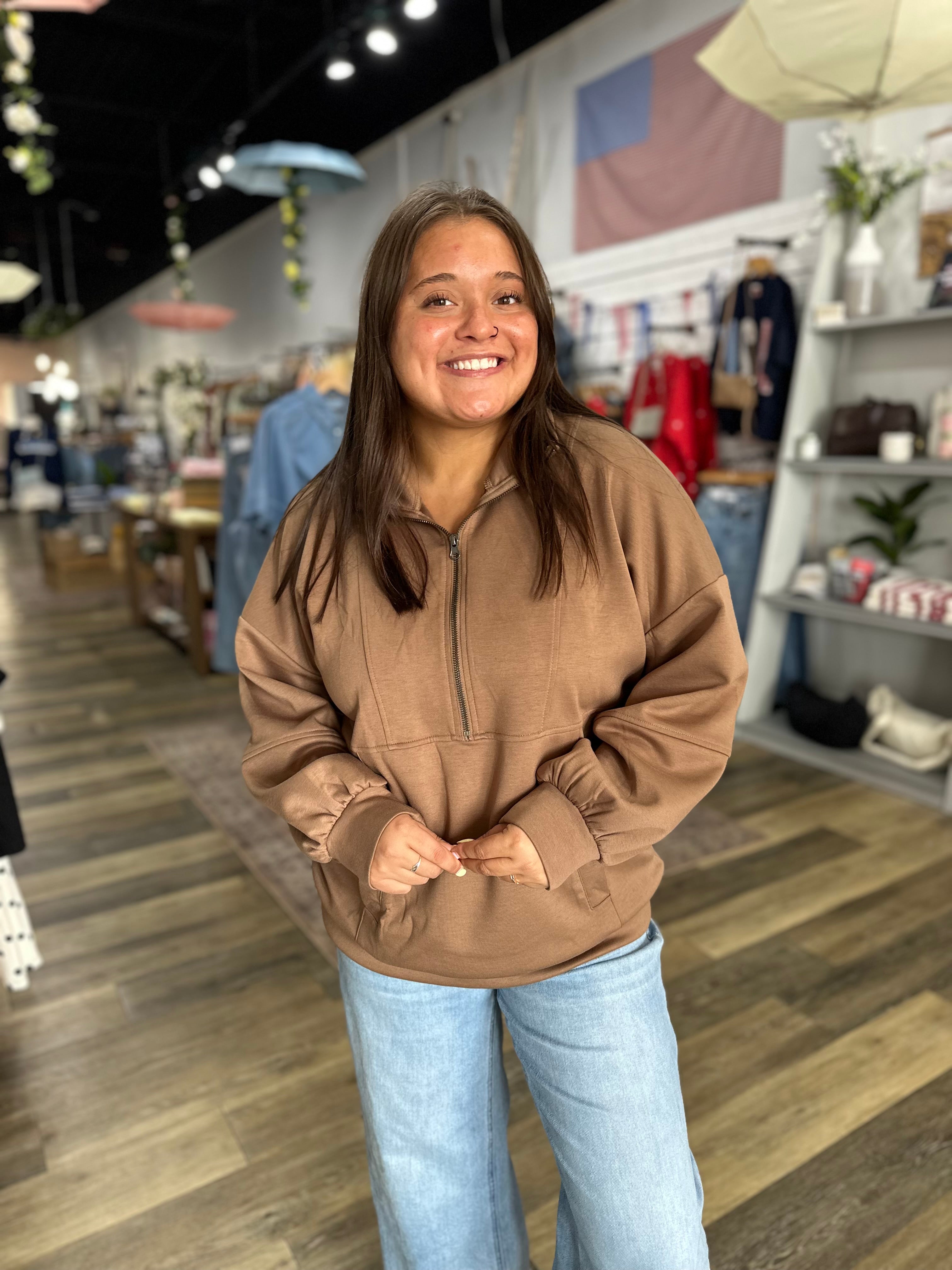 Mocha Half Zip Oversized Top