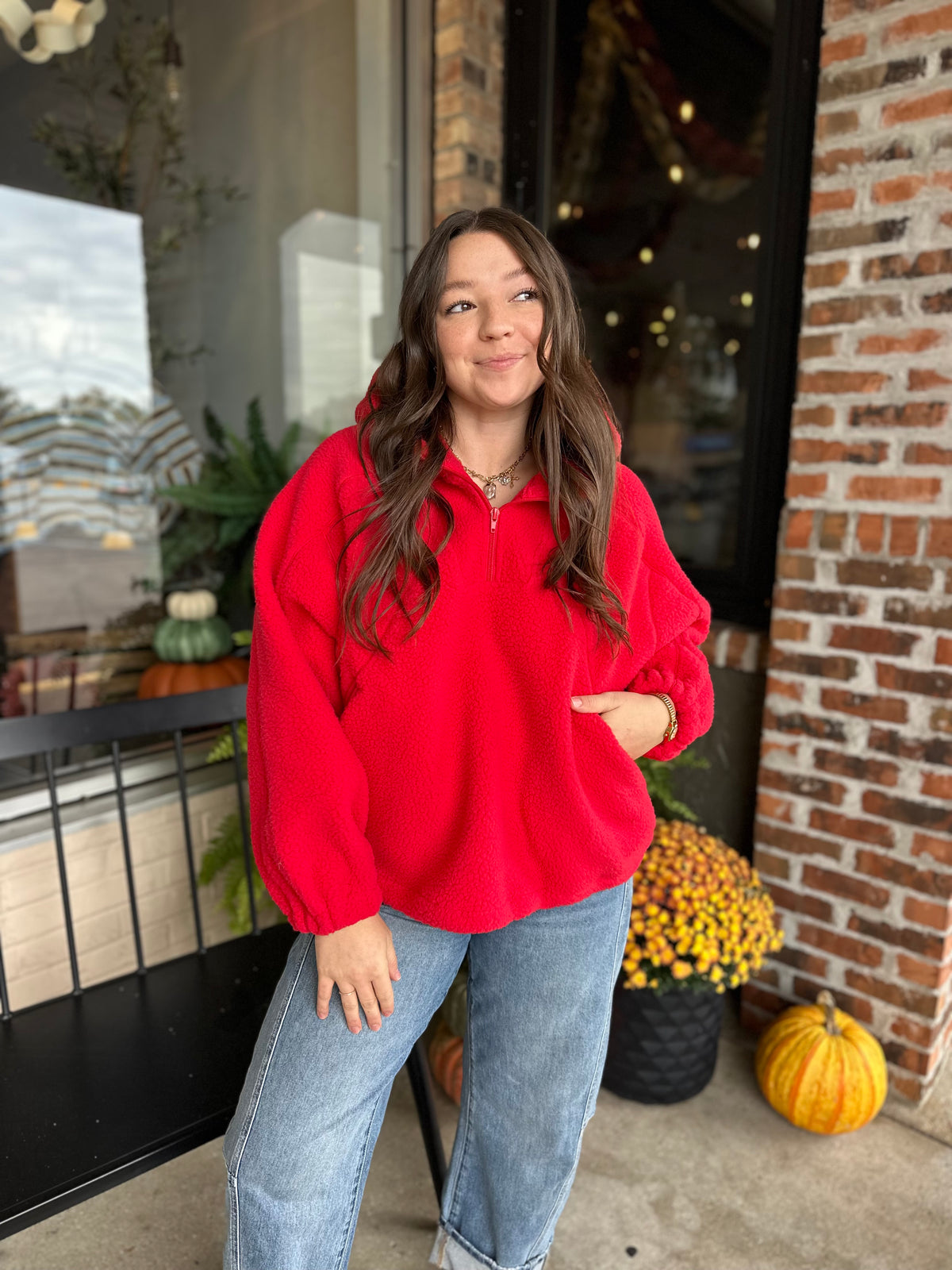 Red Half Zip Fleece Hoodie