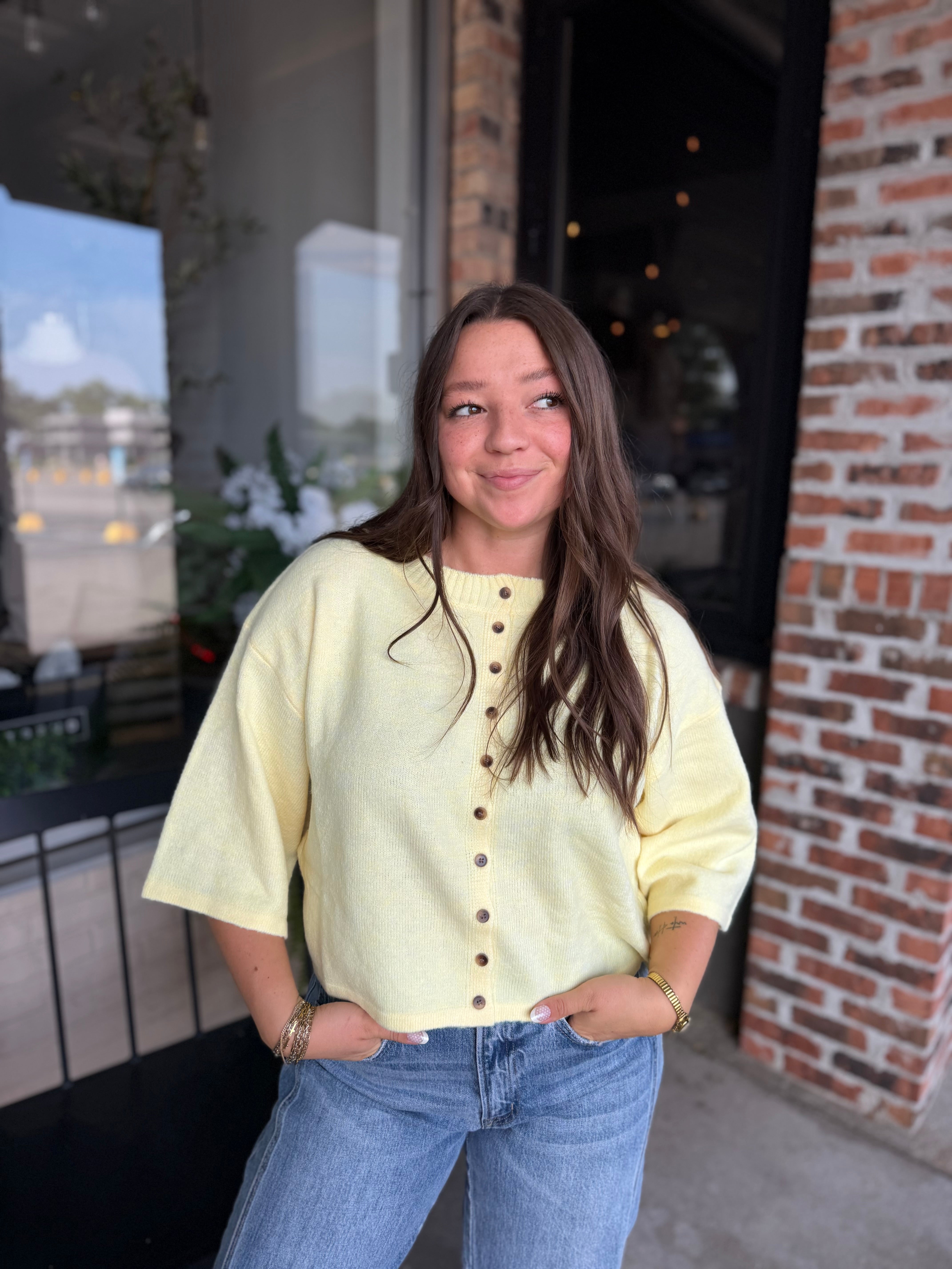 Yellow Wide Sleeve Button Front Knit Cardigan