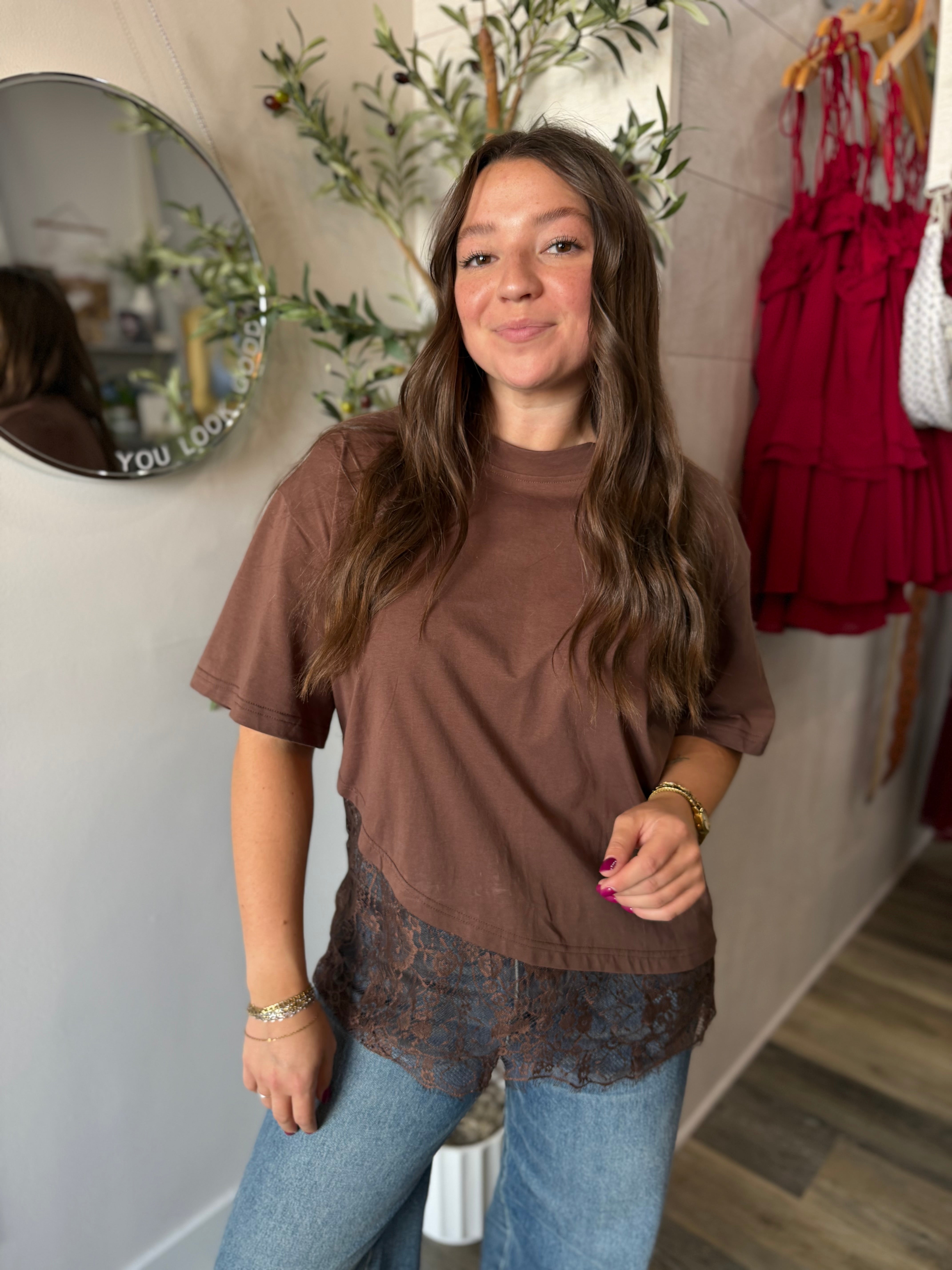 Brown Lace Trimmed T-Shirt
