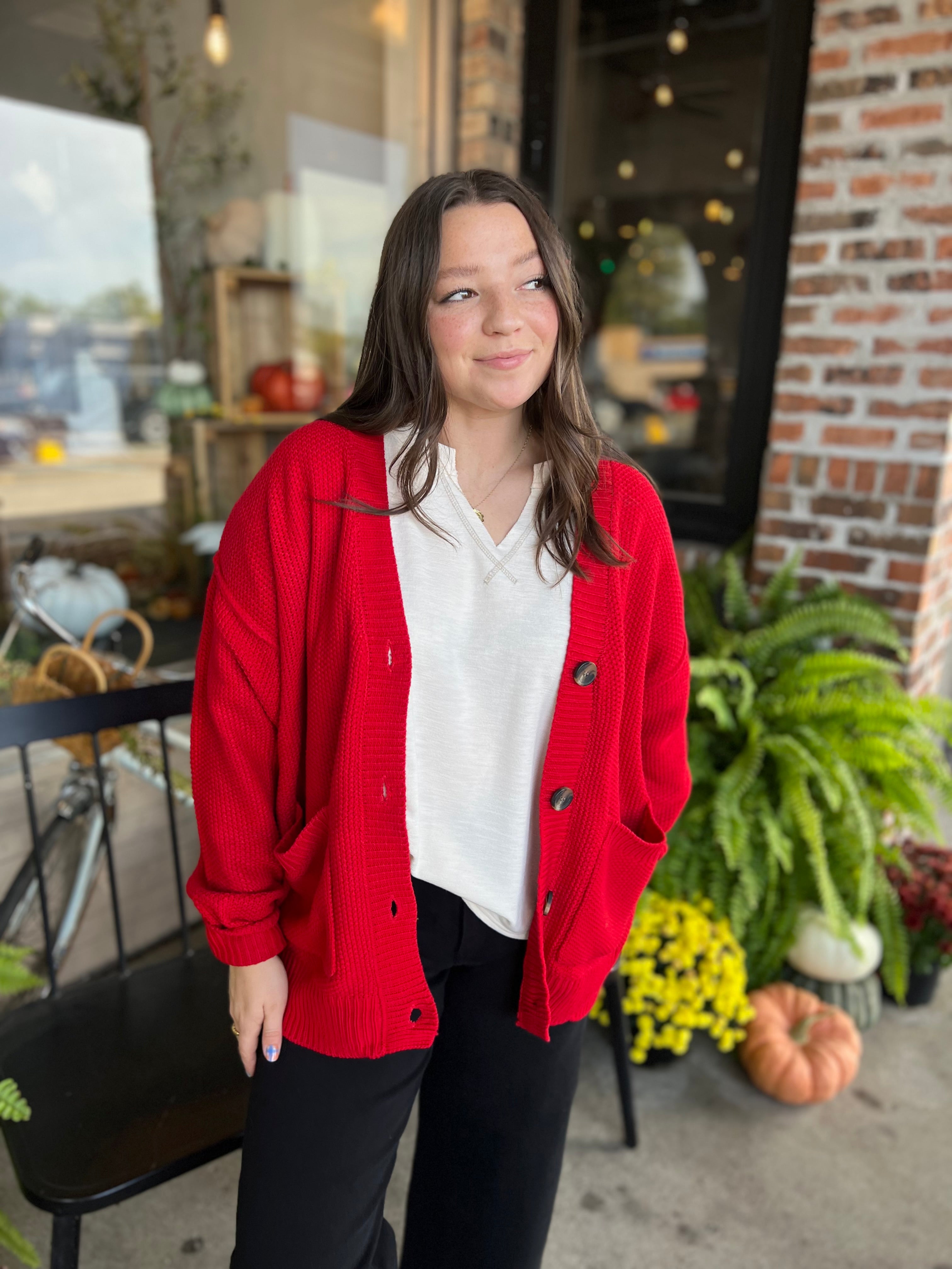 Red Button-front Oversized Cardigan