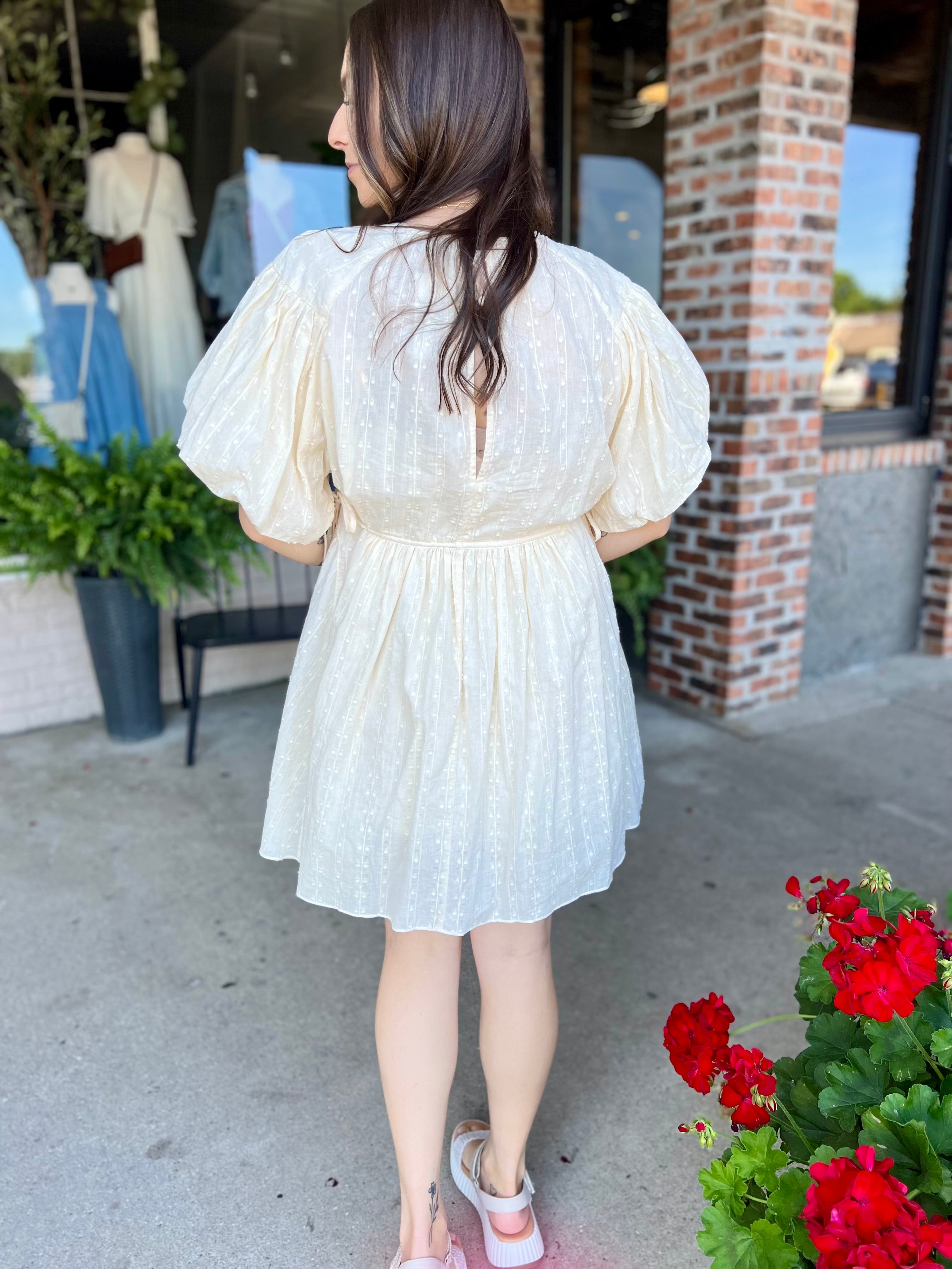 Cream Textured Puff Sleeve Dress