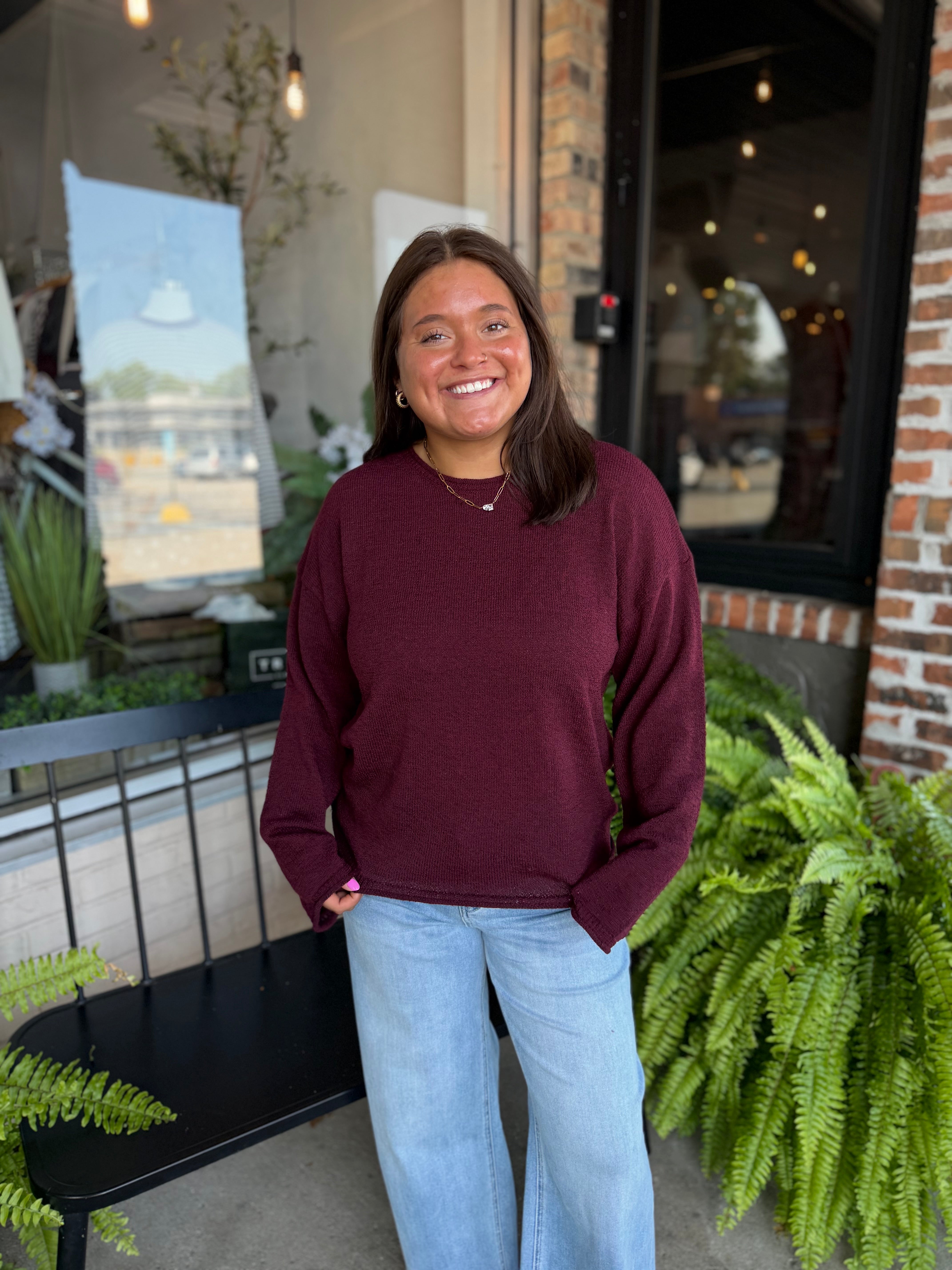 Burgundy Raw Edge Knit Sweater