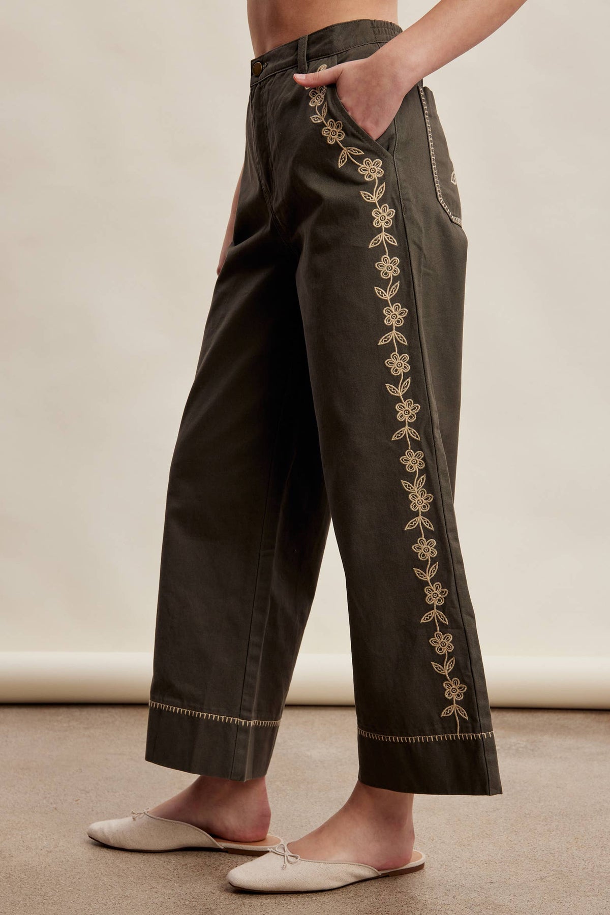 Olive Floral Embroidered Crop Wide-Leg Pants