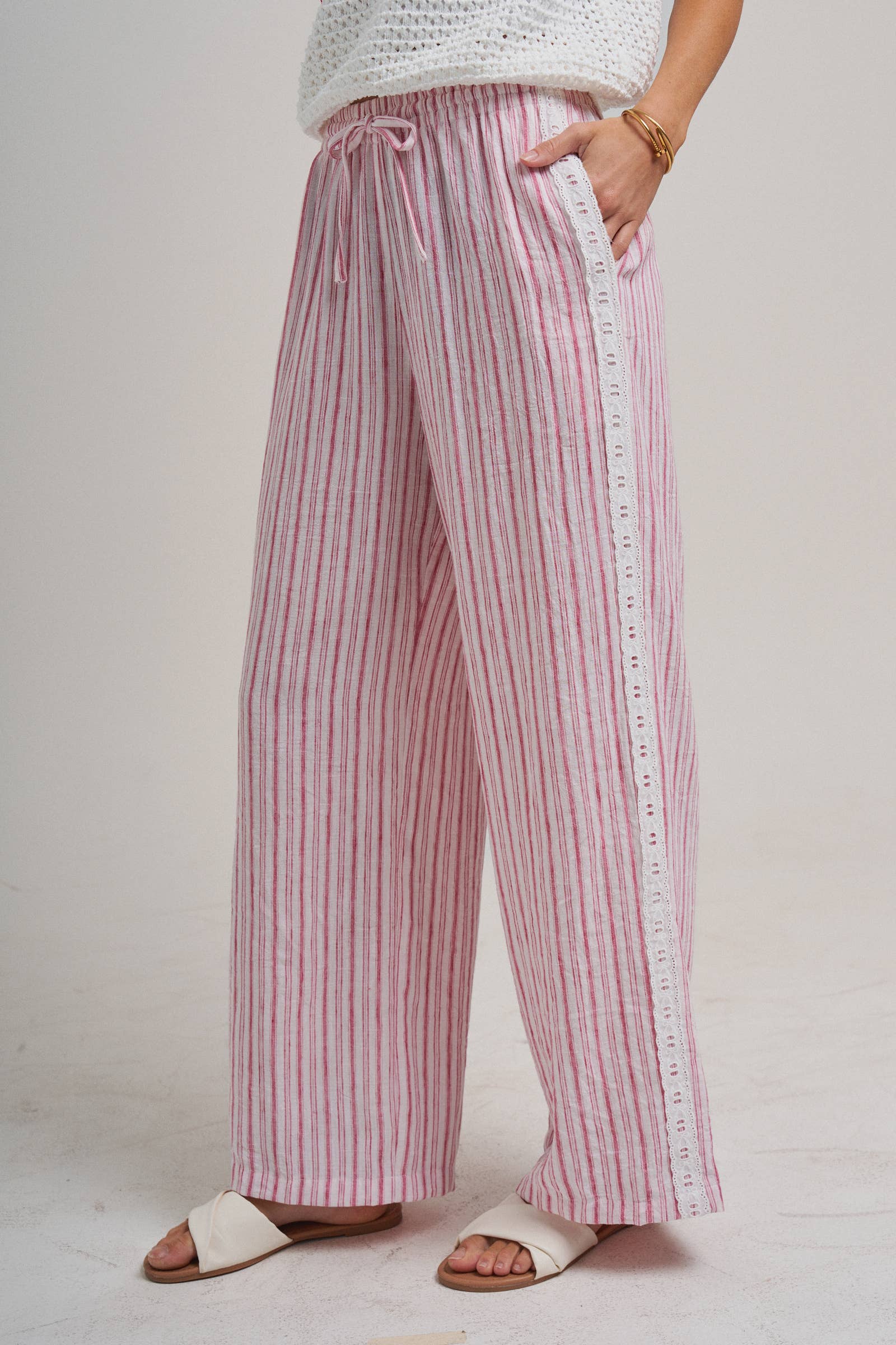 Red Stripe Lace Trim Pants