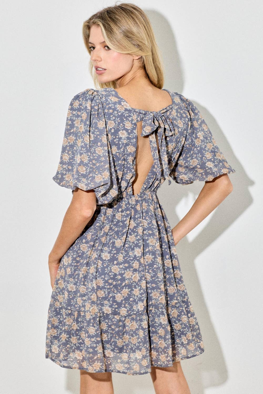 Blue Floral Bubble Sleeve Mini Dress