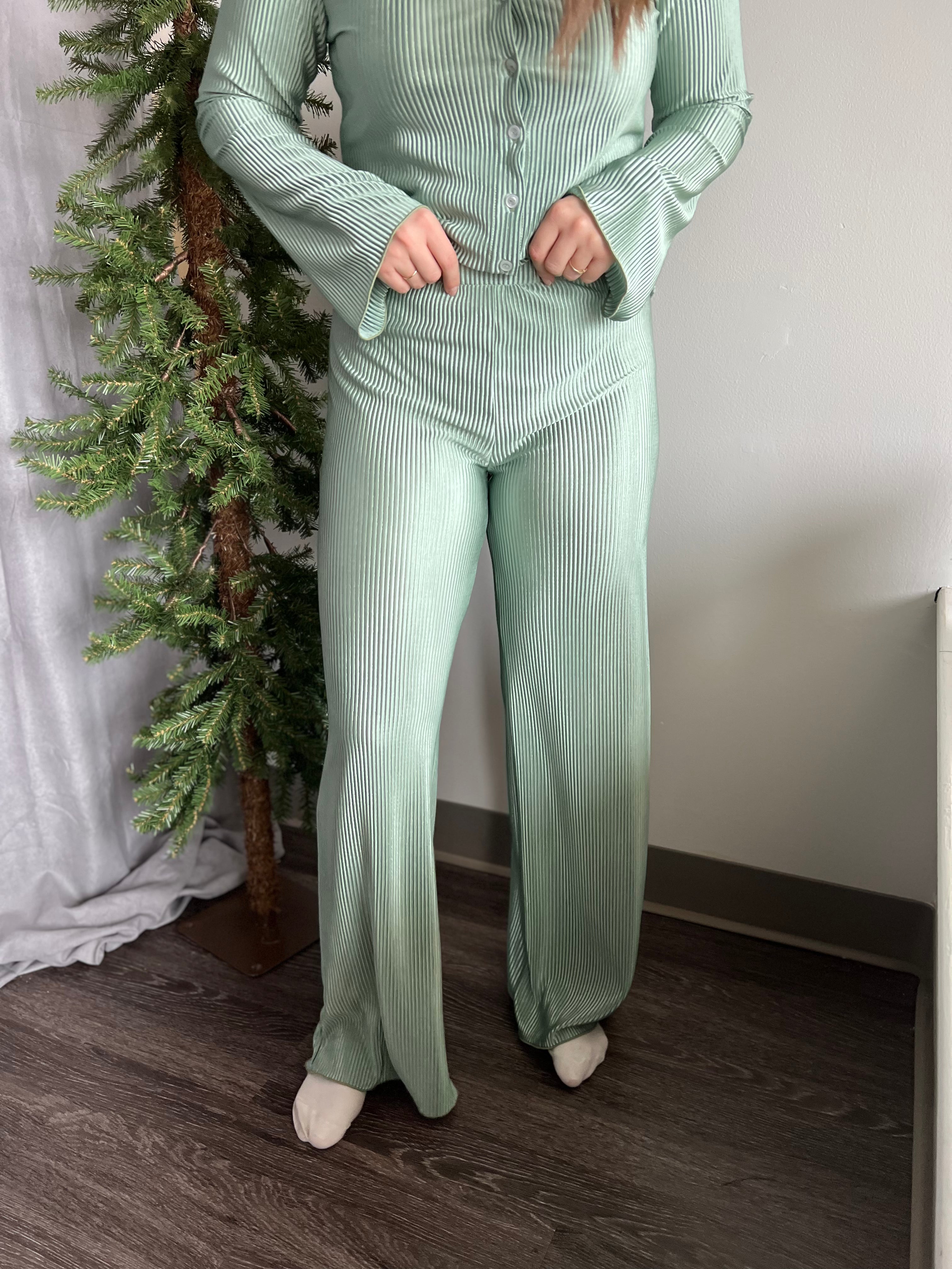 Green Pleated Flare Pants - FINAL SALE