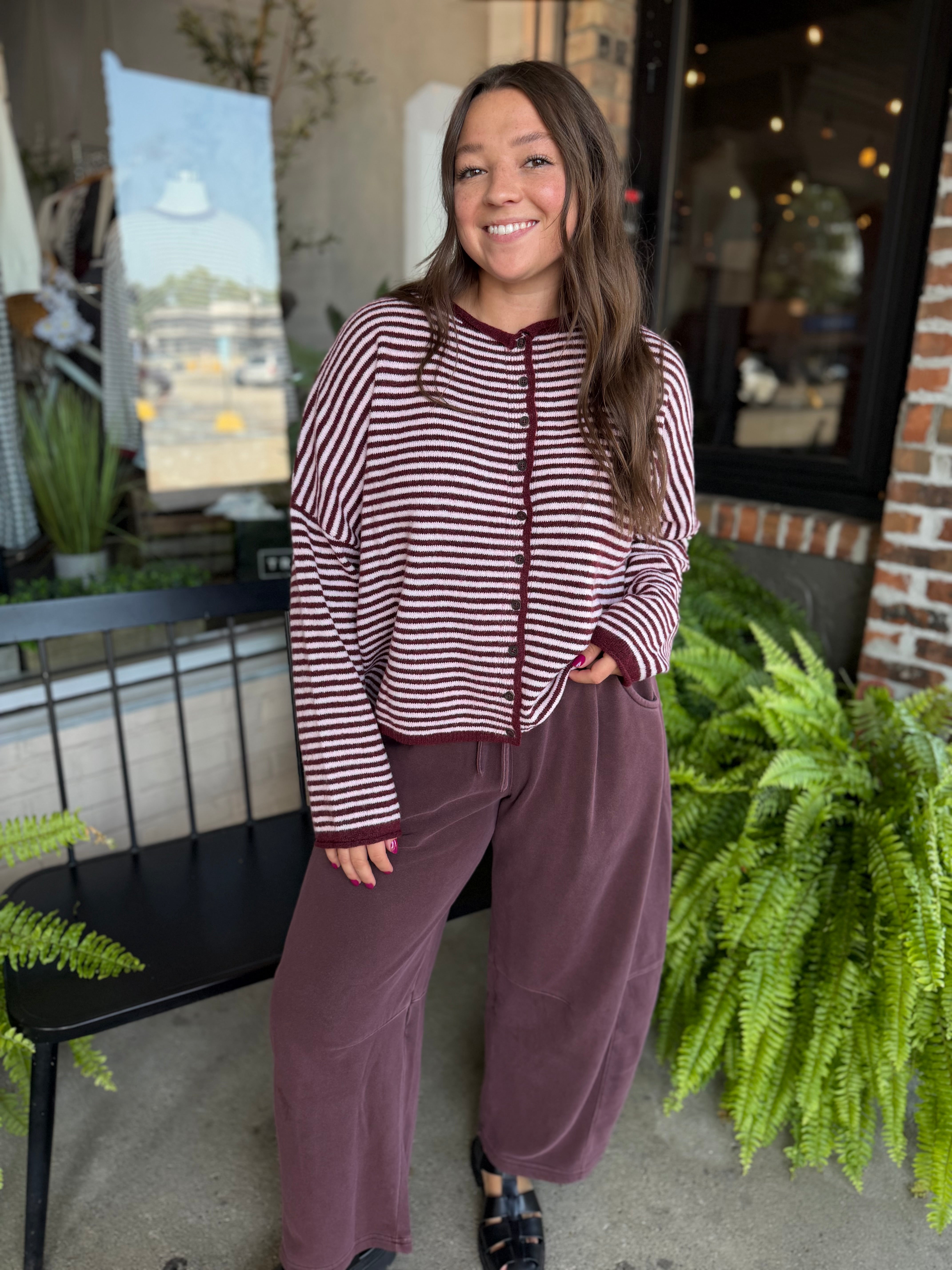 Burgundy Stripe Raw Edge Sweater