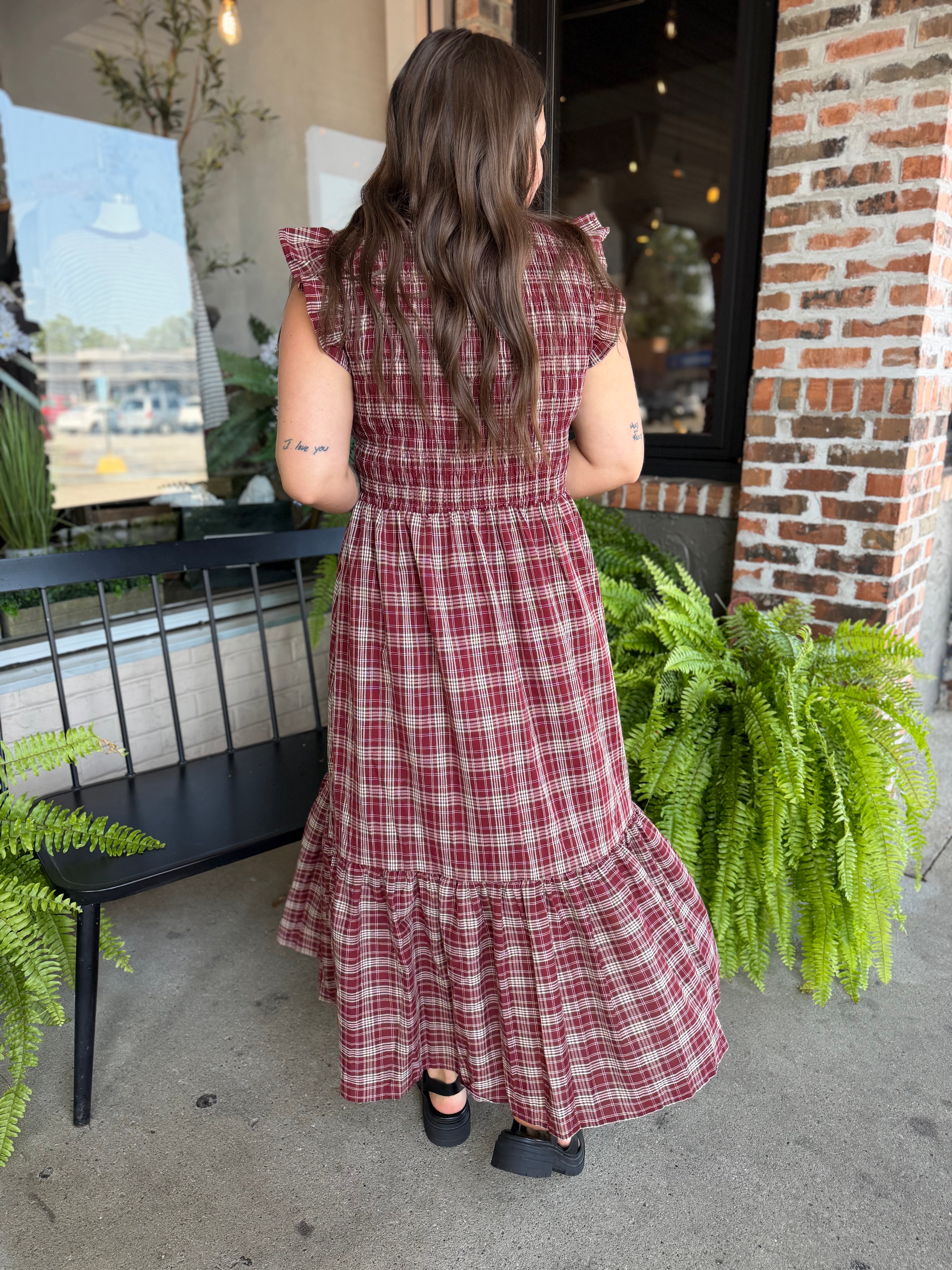 Burgundy Plaid Midi Dress