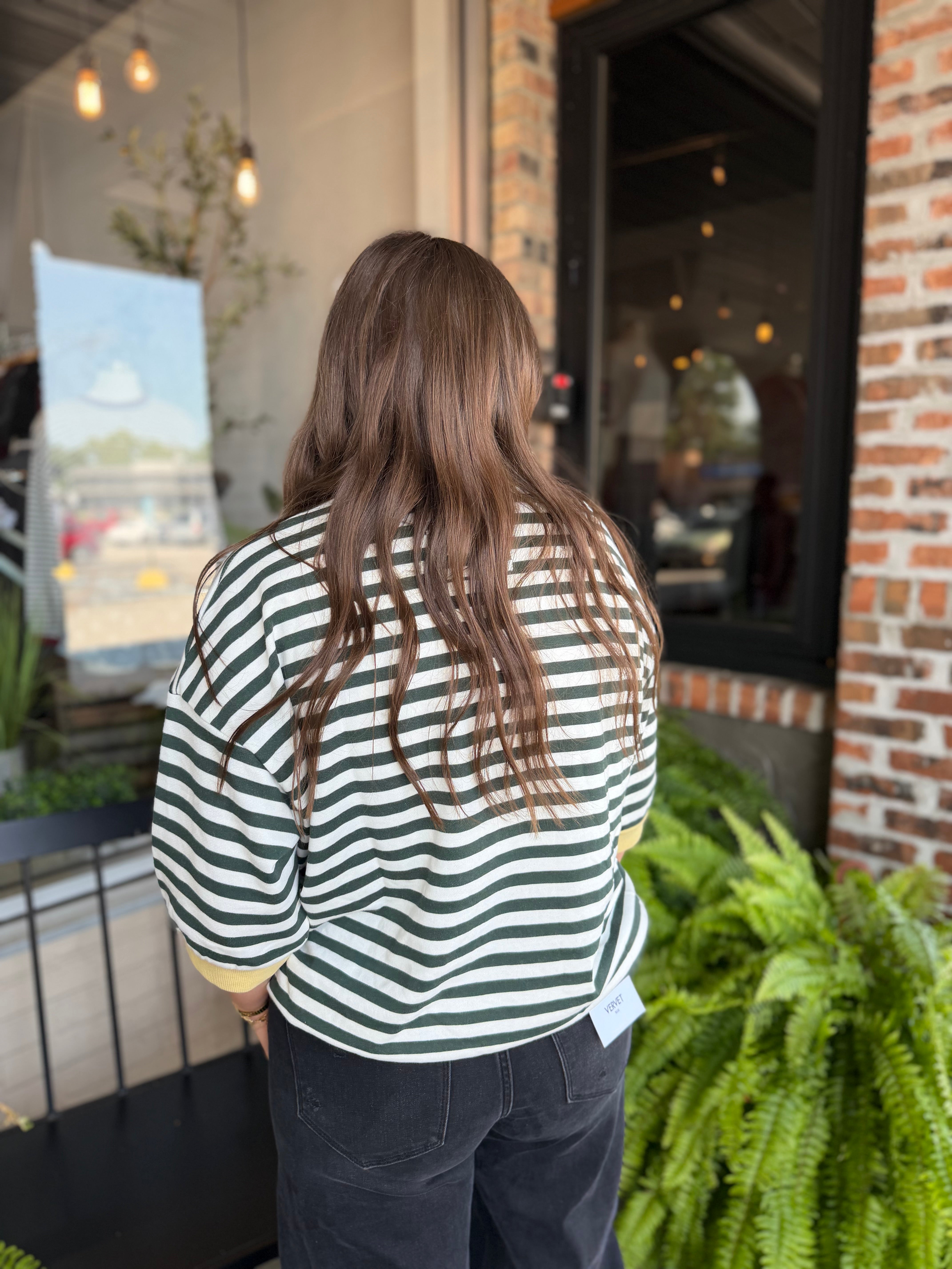 Green Stripe Drop Sleeve Top