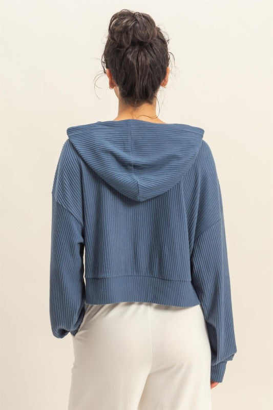 Navy Cropped Rib Hoodie