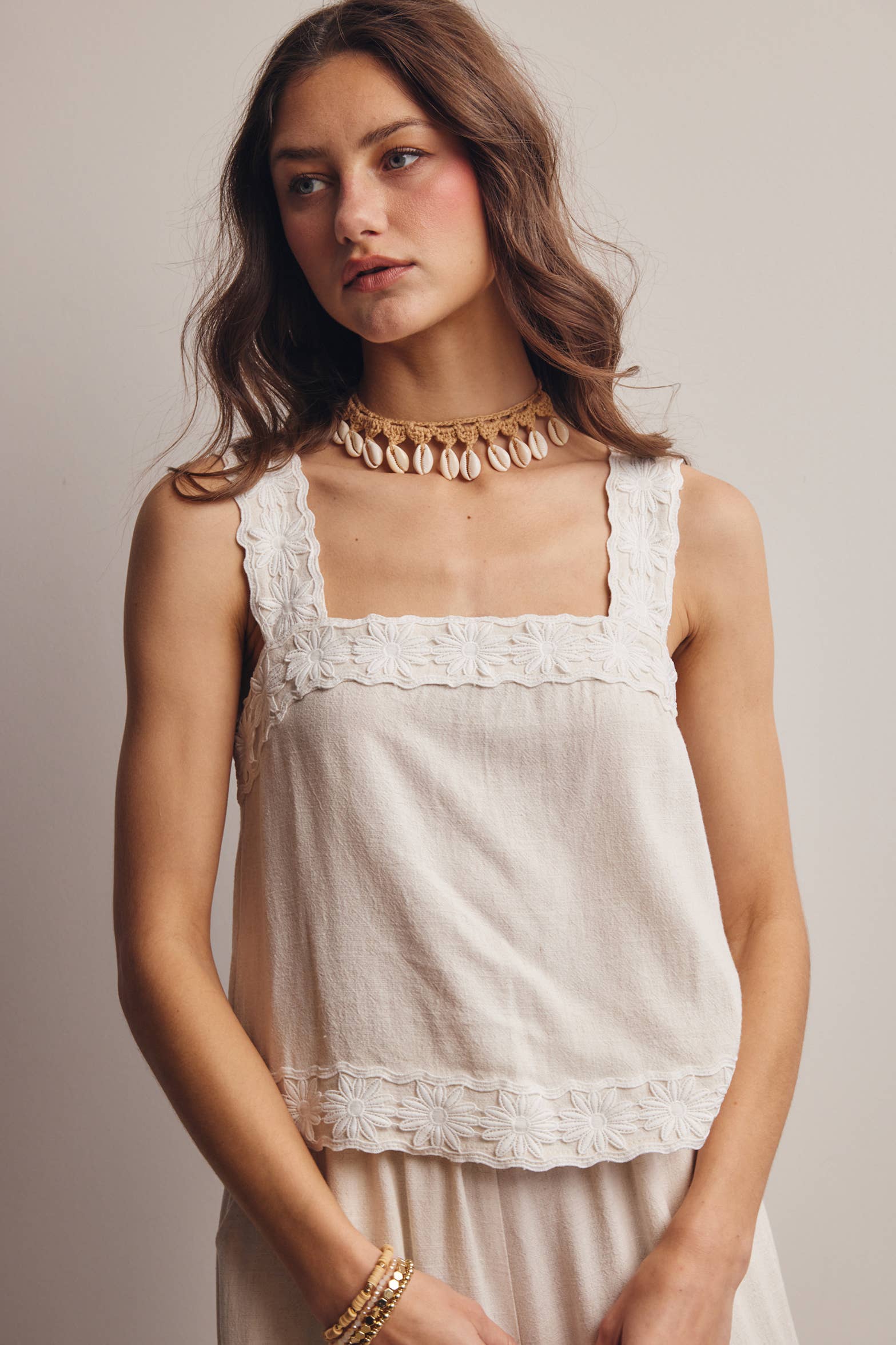 Embroidered Square-Neck Tank