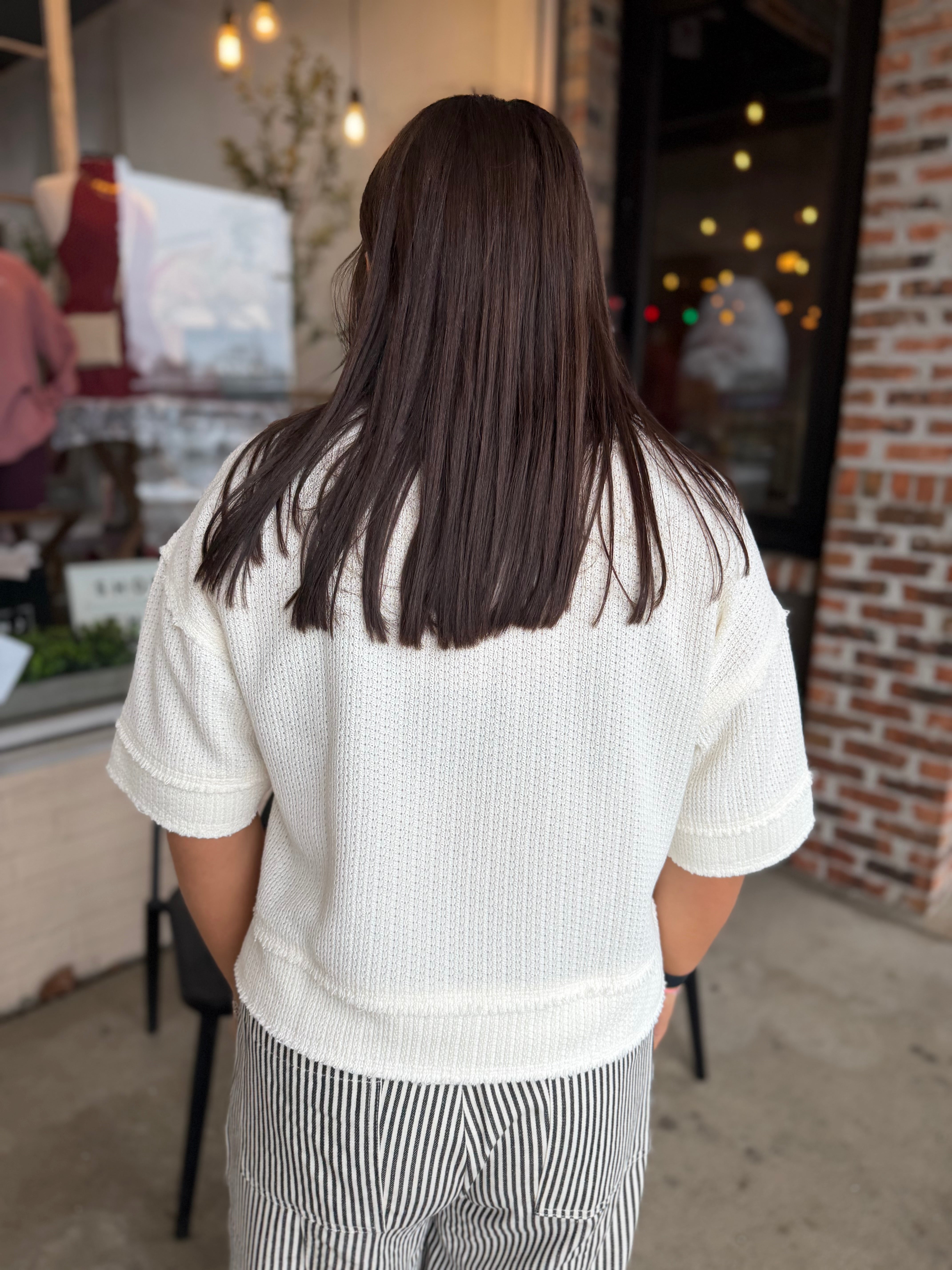 Cream Raw Edge Waffle Henley