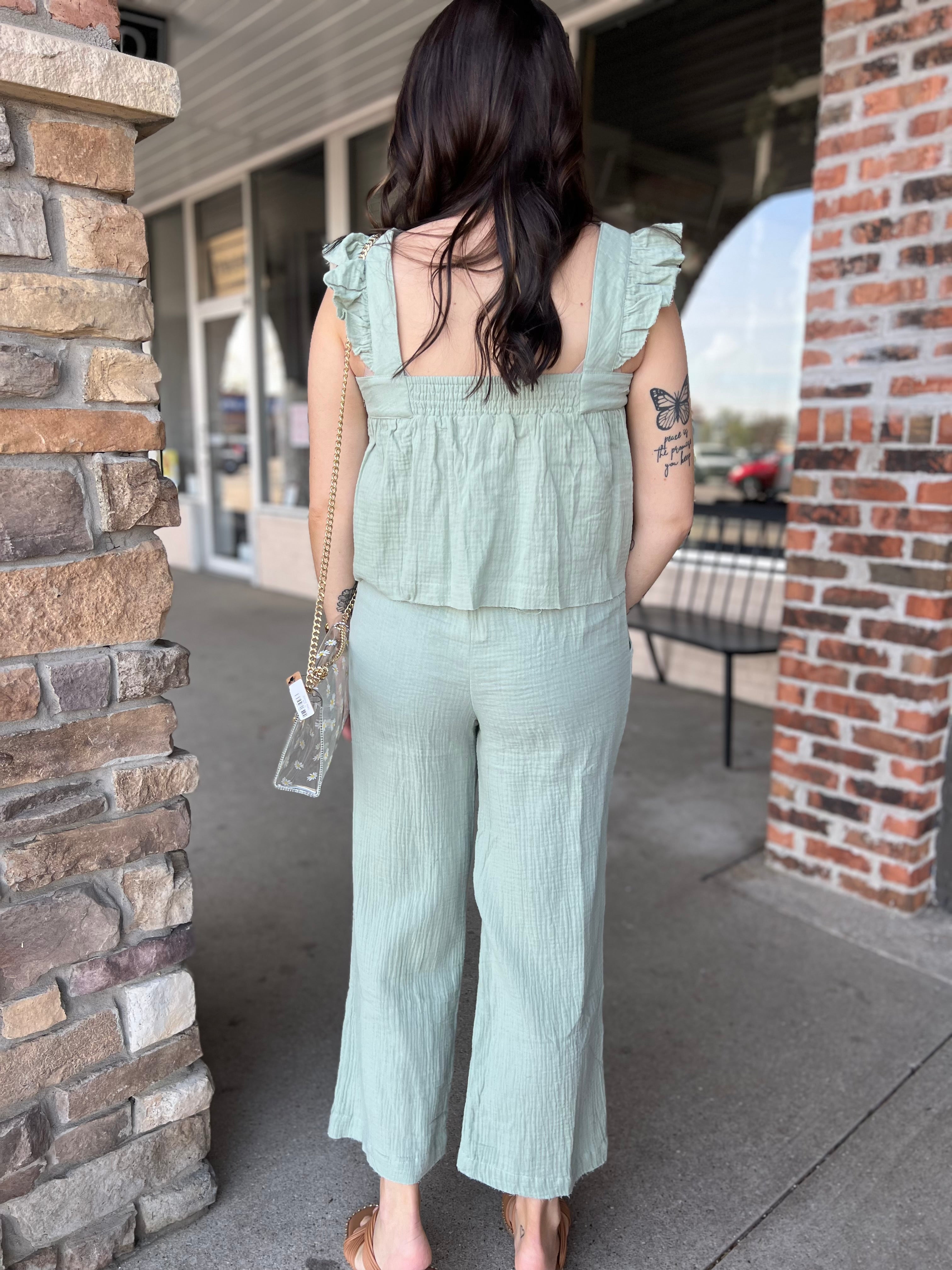 Sage Ruffle Top & Wide Leg Pant Set