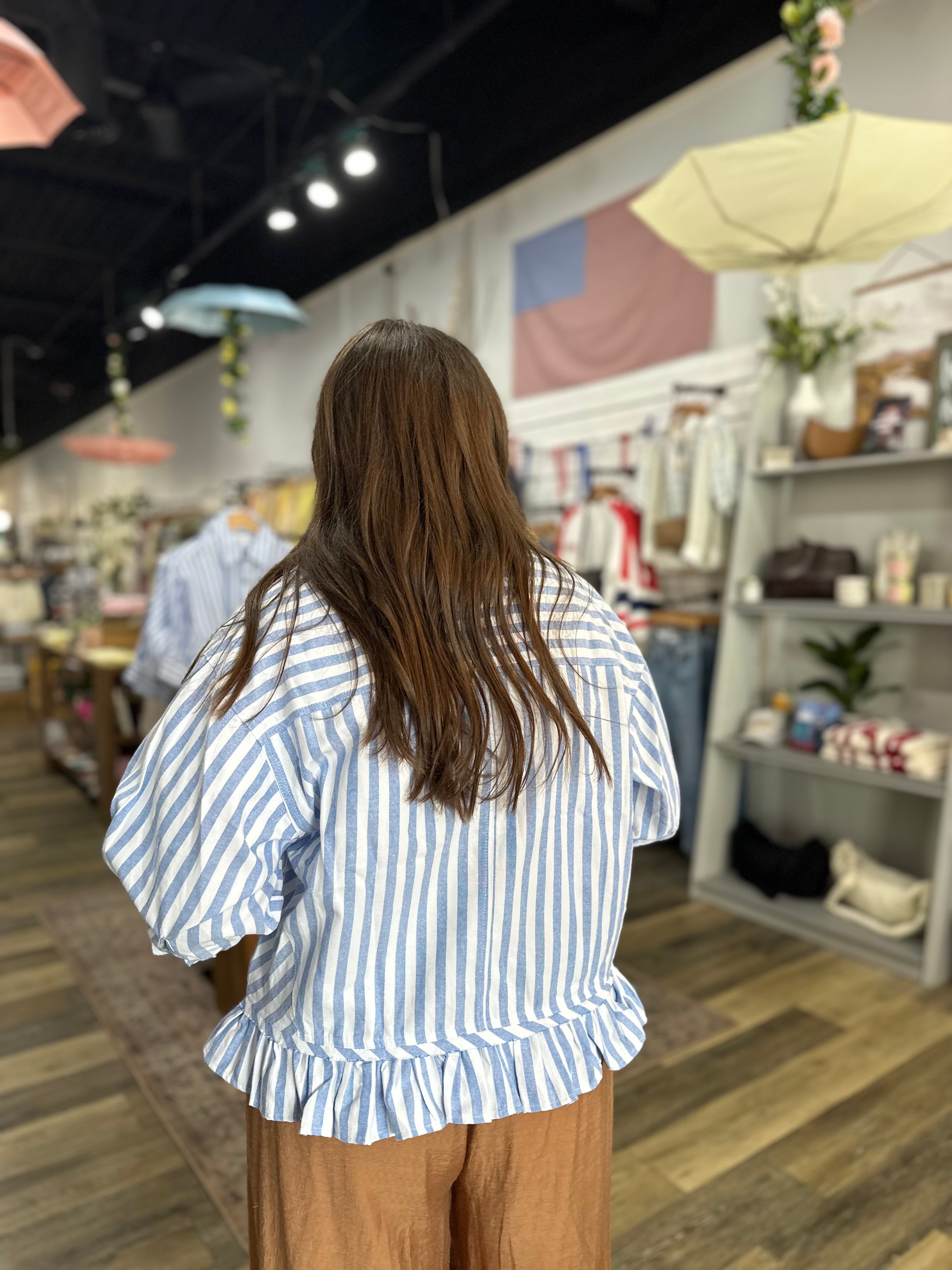 Blue Striped Ruffle Hem Button Down
