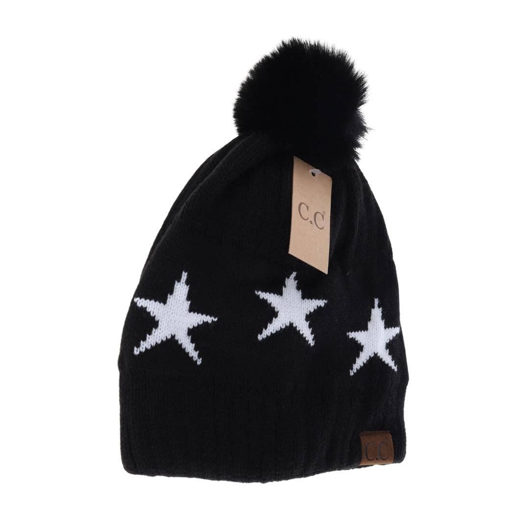 Navy Star Print Pom Beanie