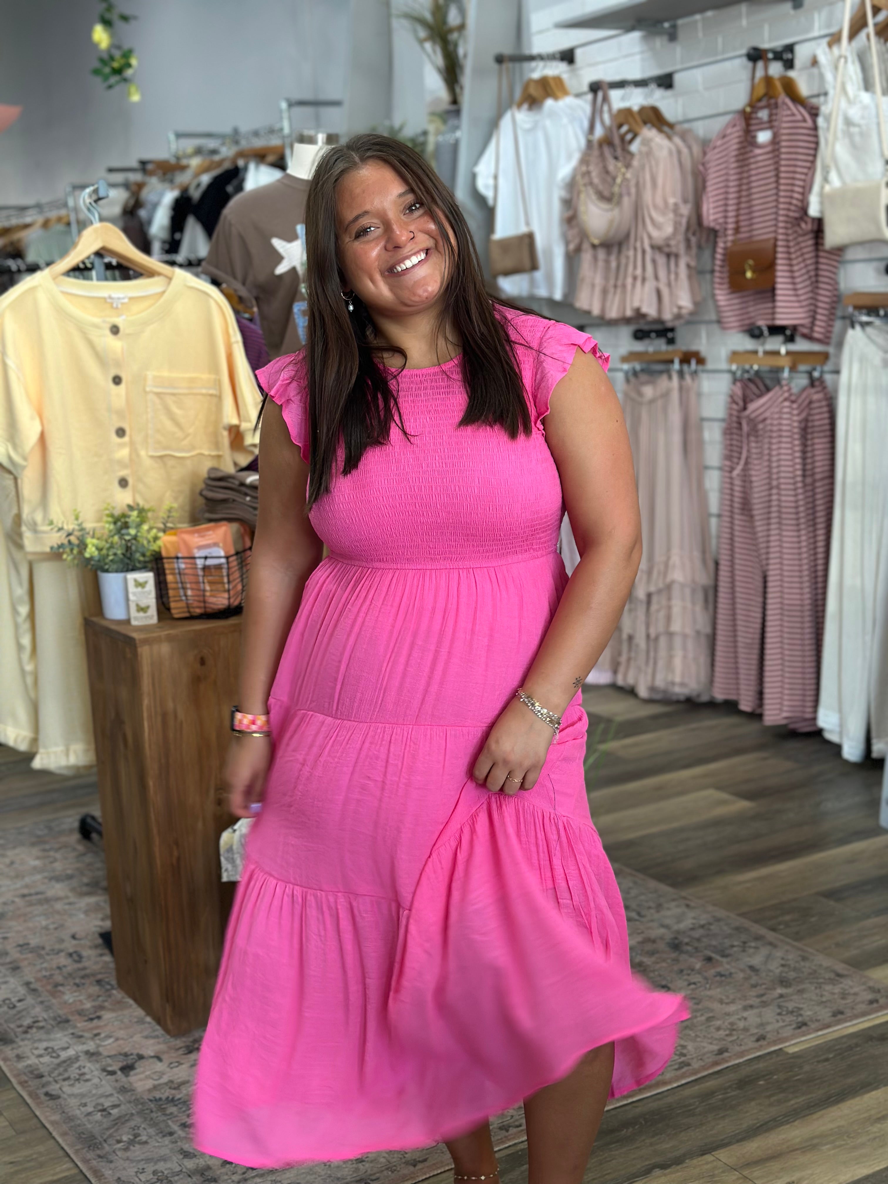 Pink Smocked Midi Dress
