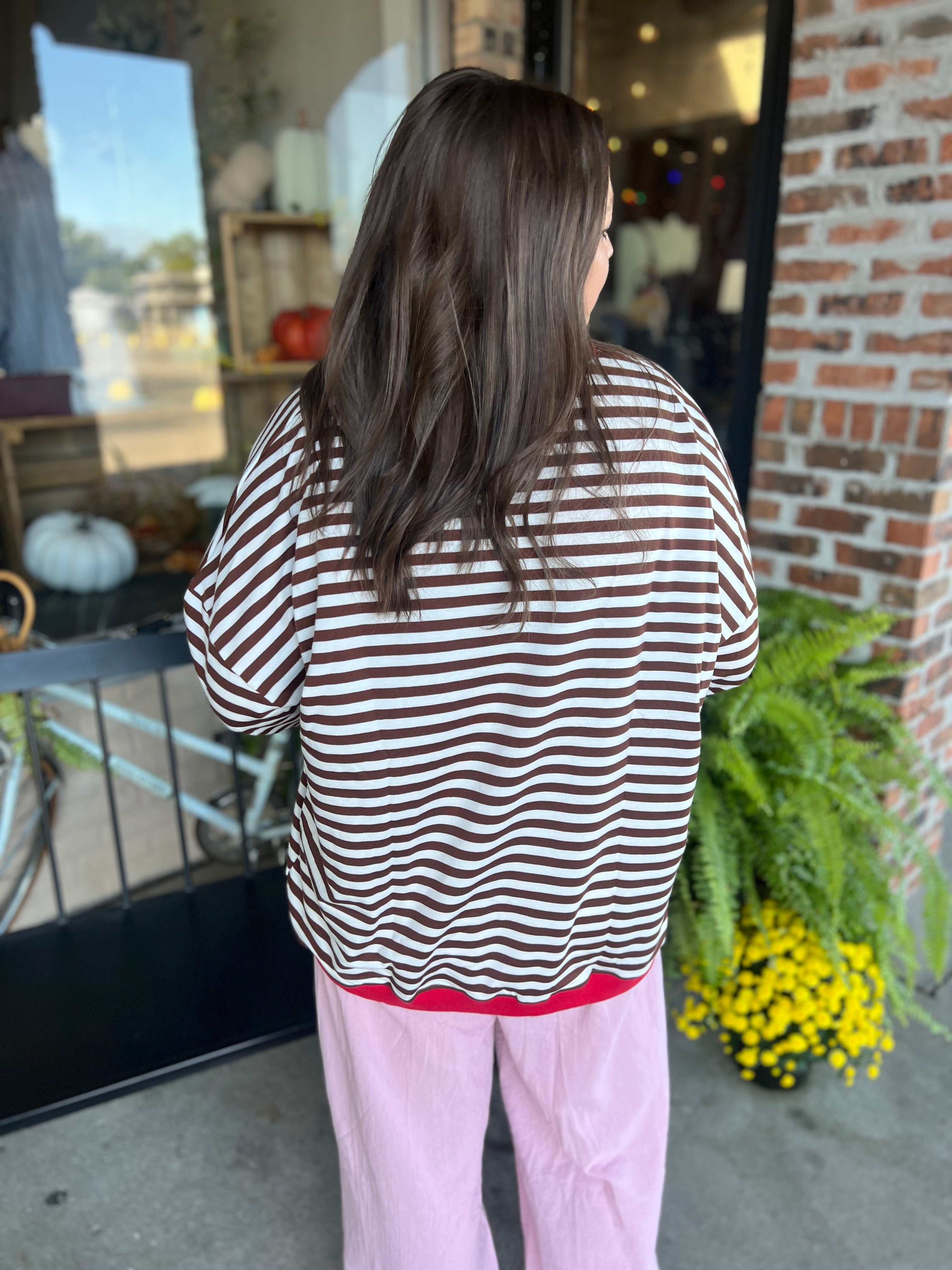 BROWN STRIPE LOOSE FIT PULLOVER TOP