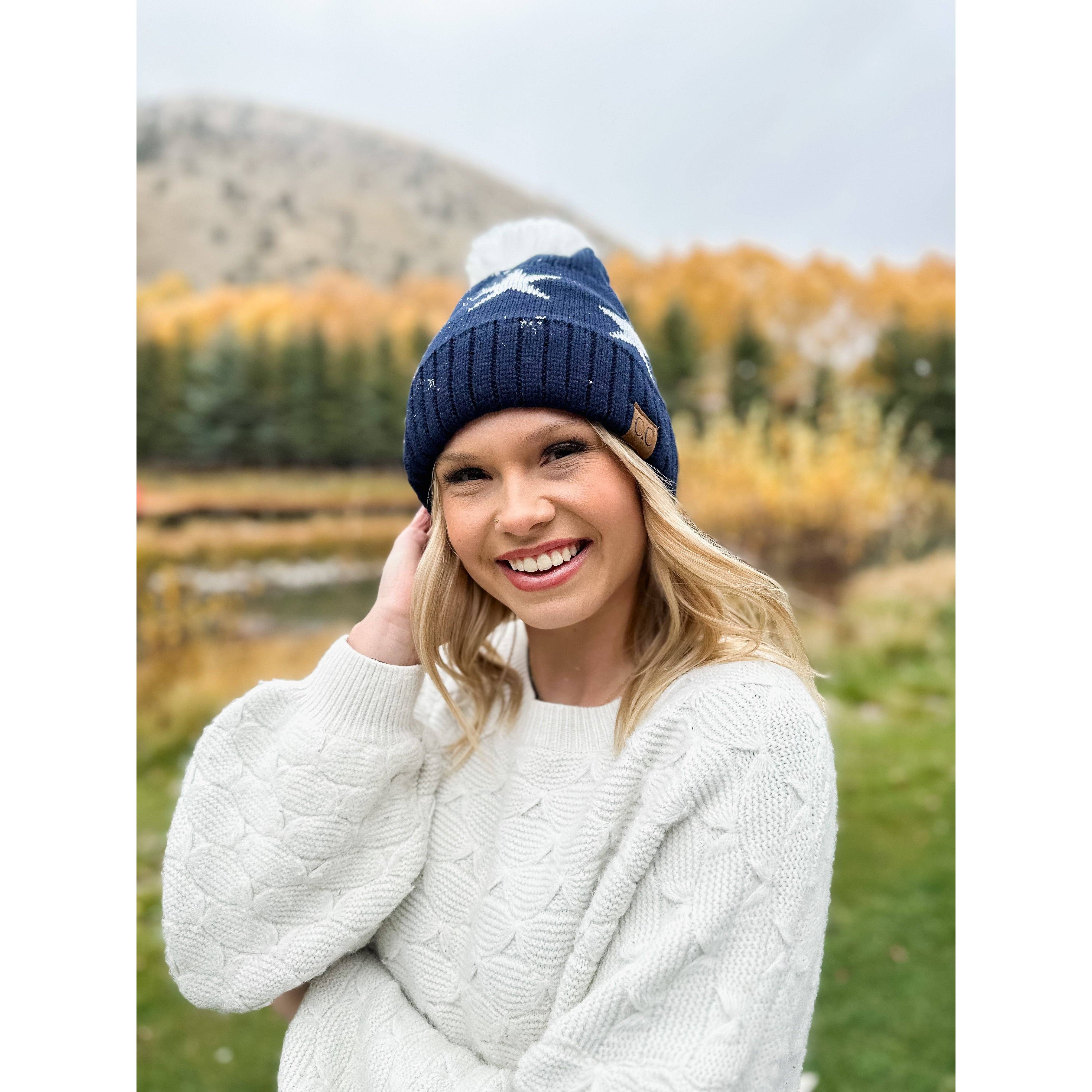 Navy Star Print Pom Beanie