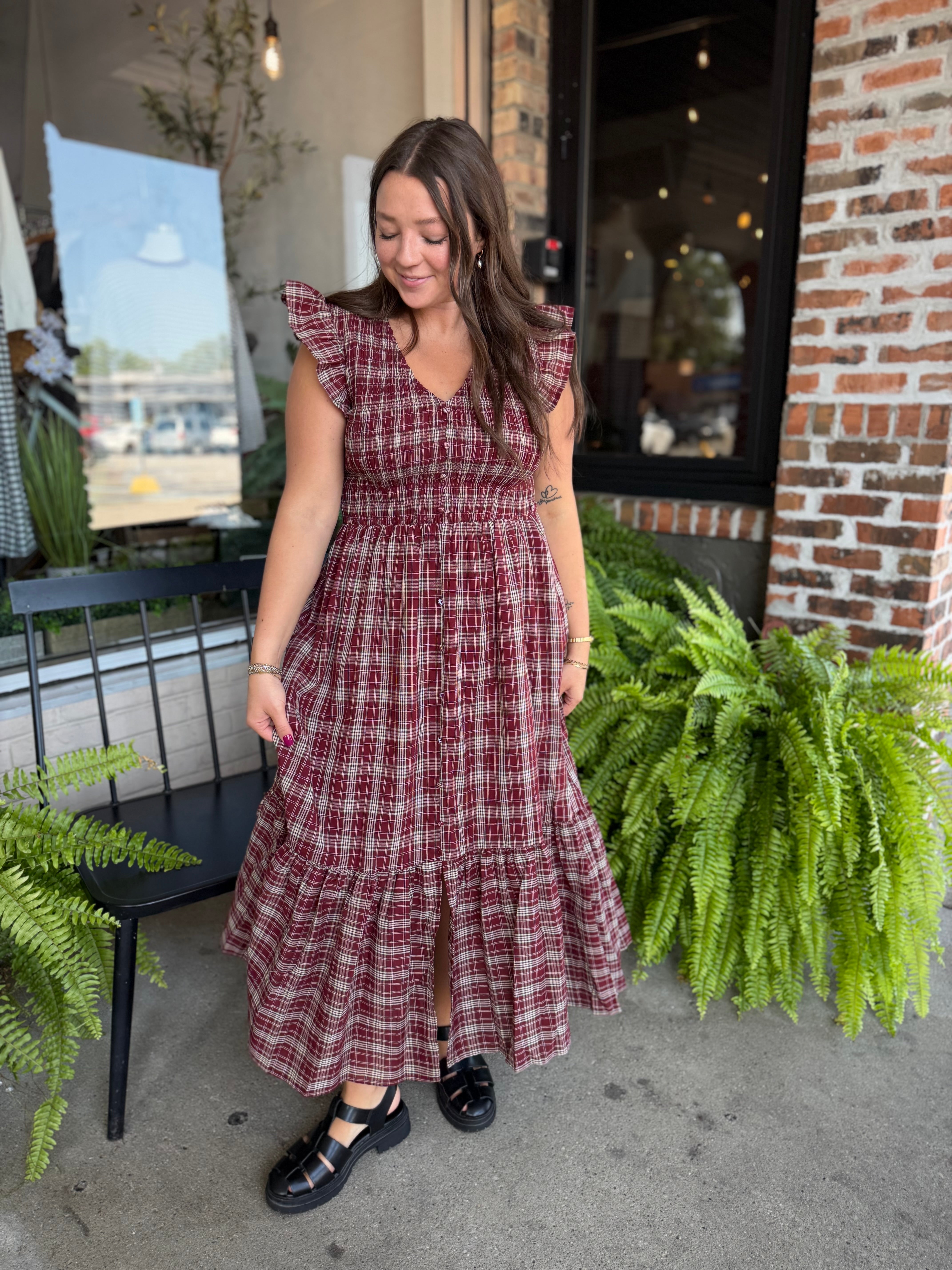 Burgundy Plaid Midi Dress