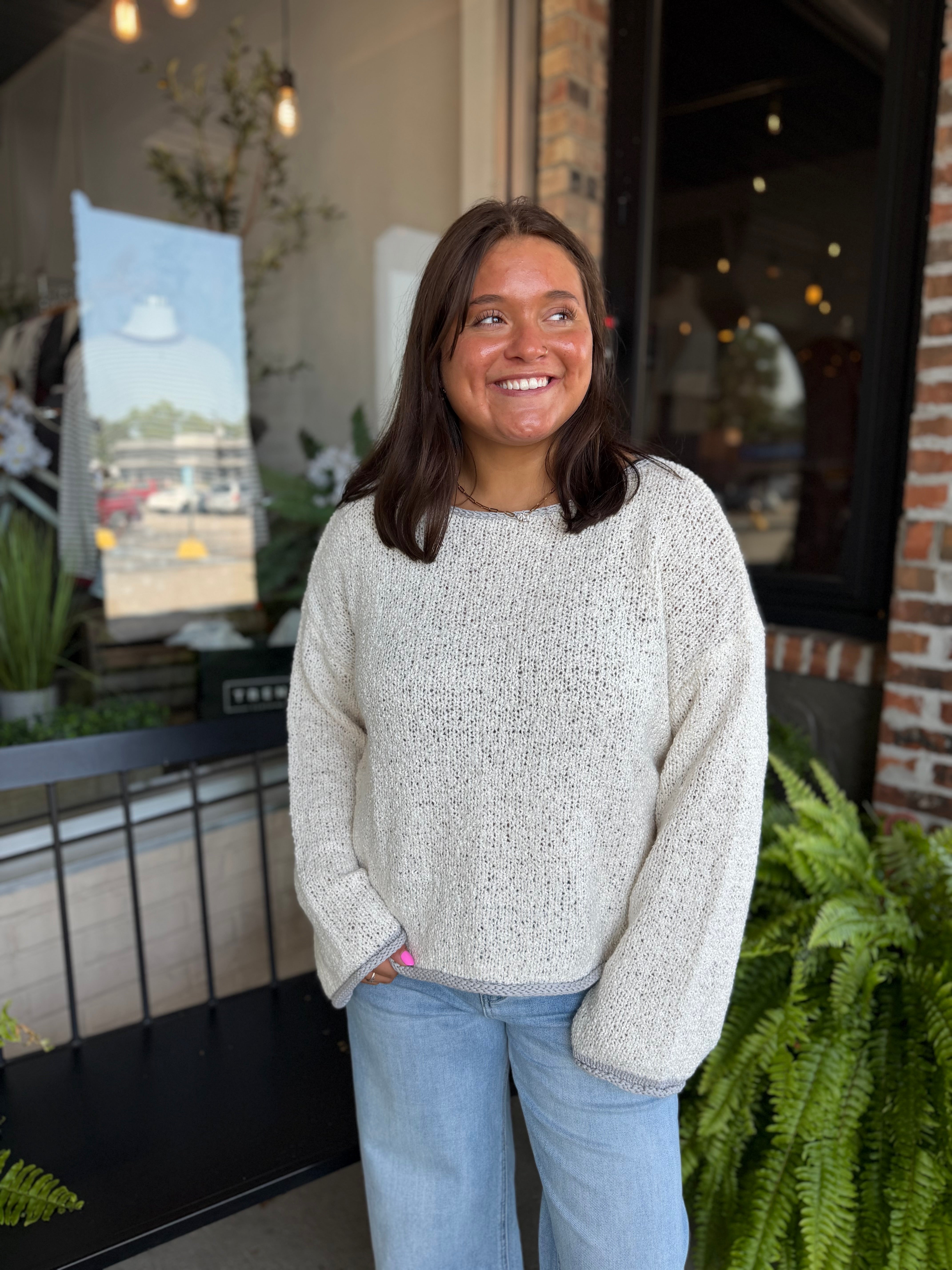 Oatmeal Boat Neck Contrast Trim Sweater