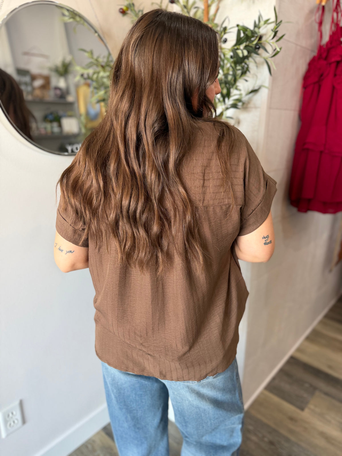 Brown Stripe Henley Short Sleeve Top