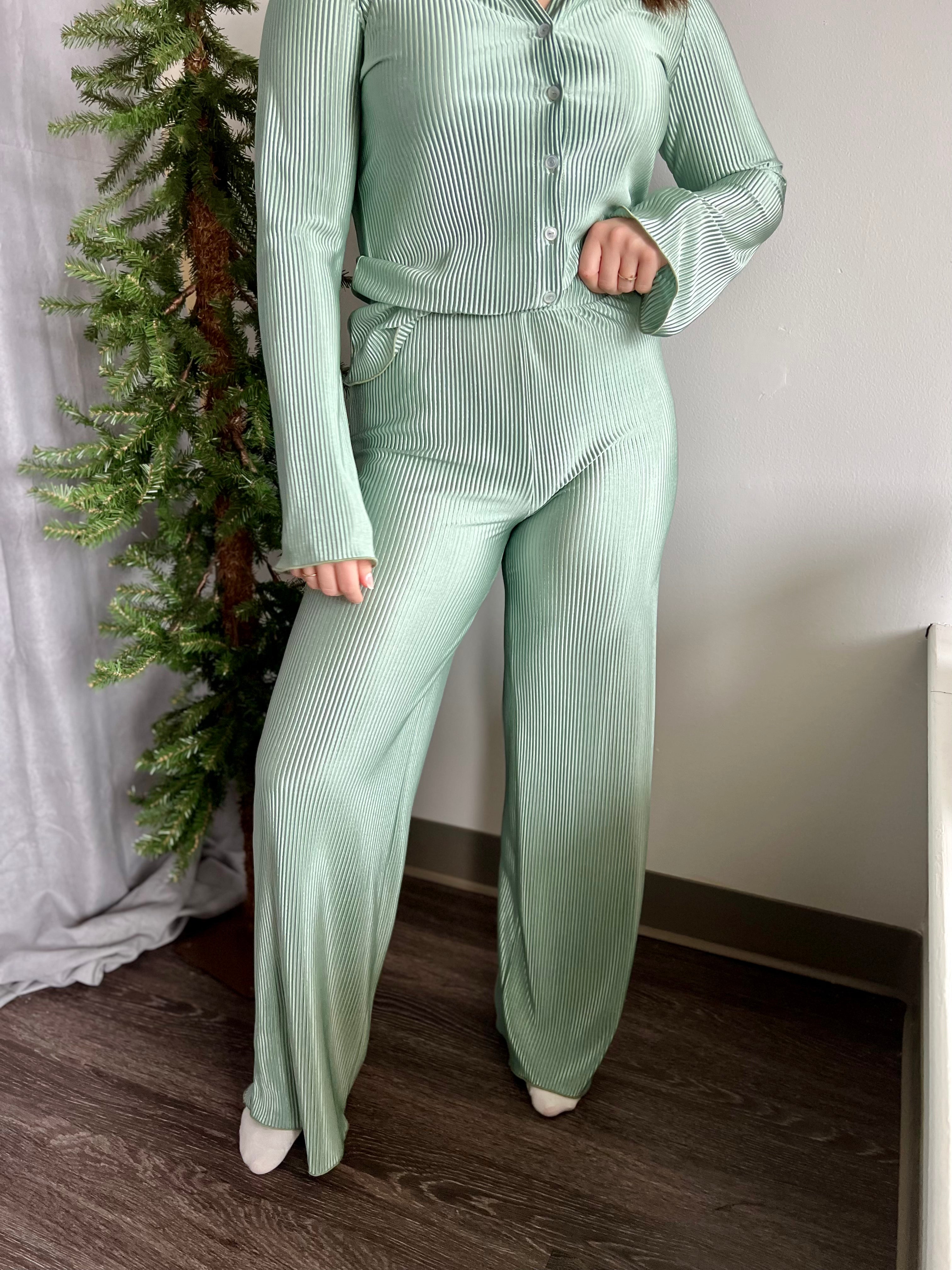Green Pleated Flare Pants - FINAL SALE