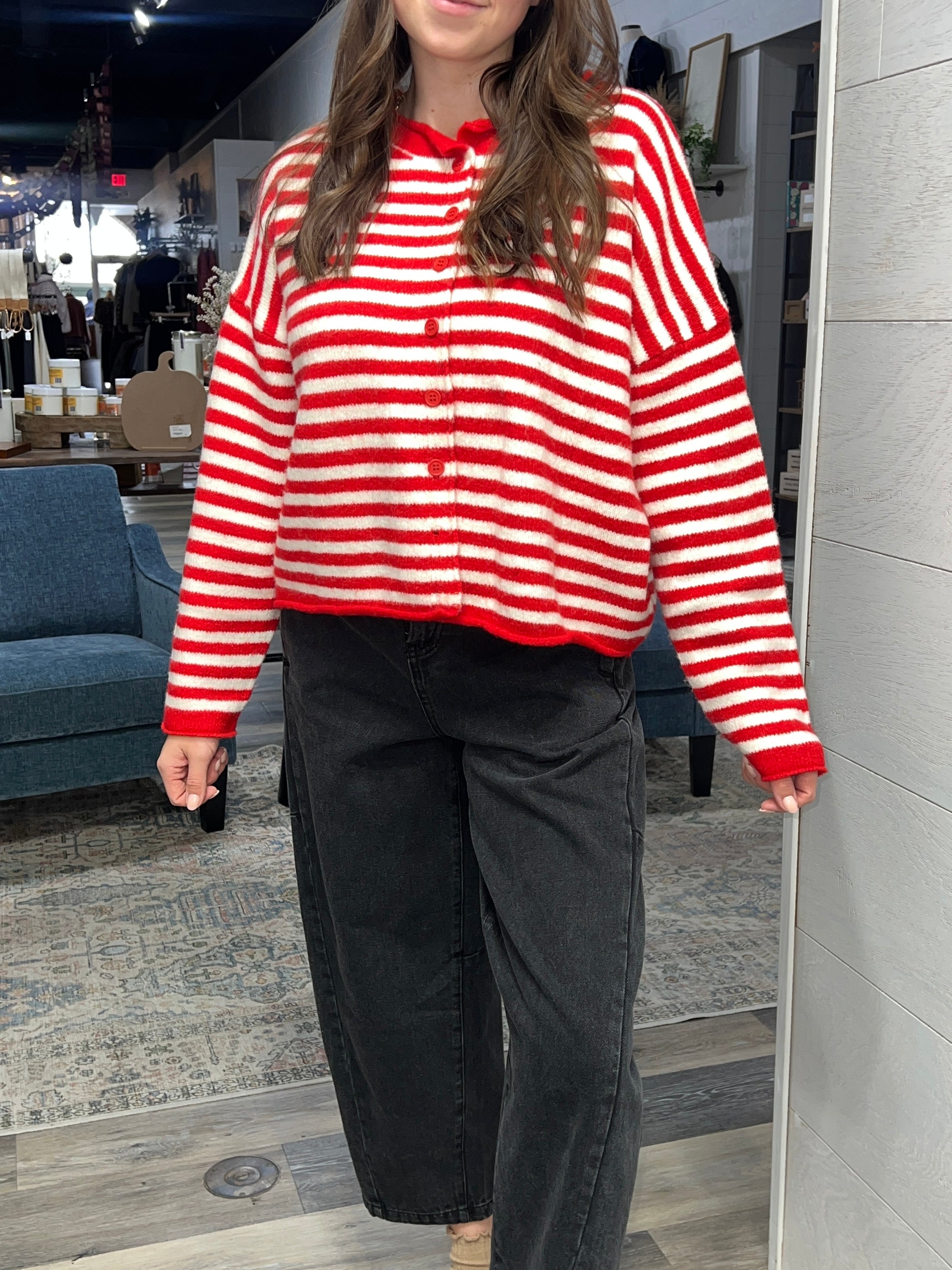 Red Ivory Striped Button Down Cardigan