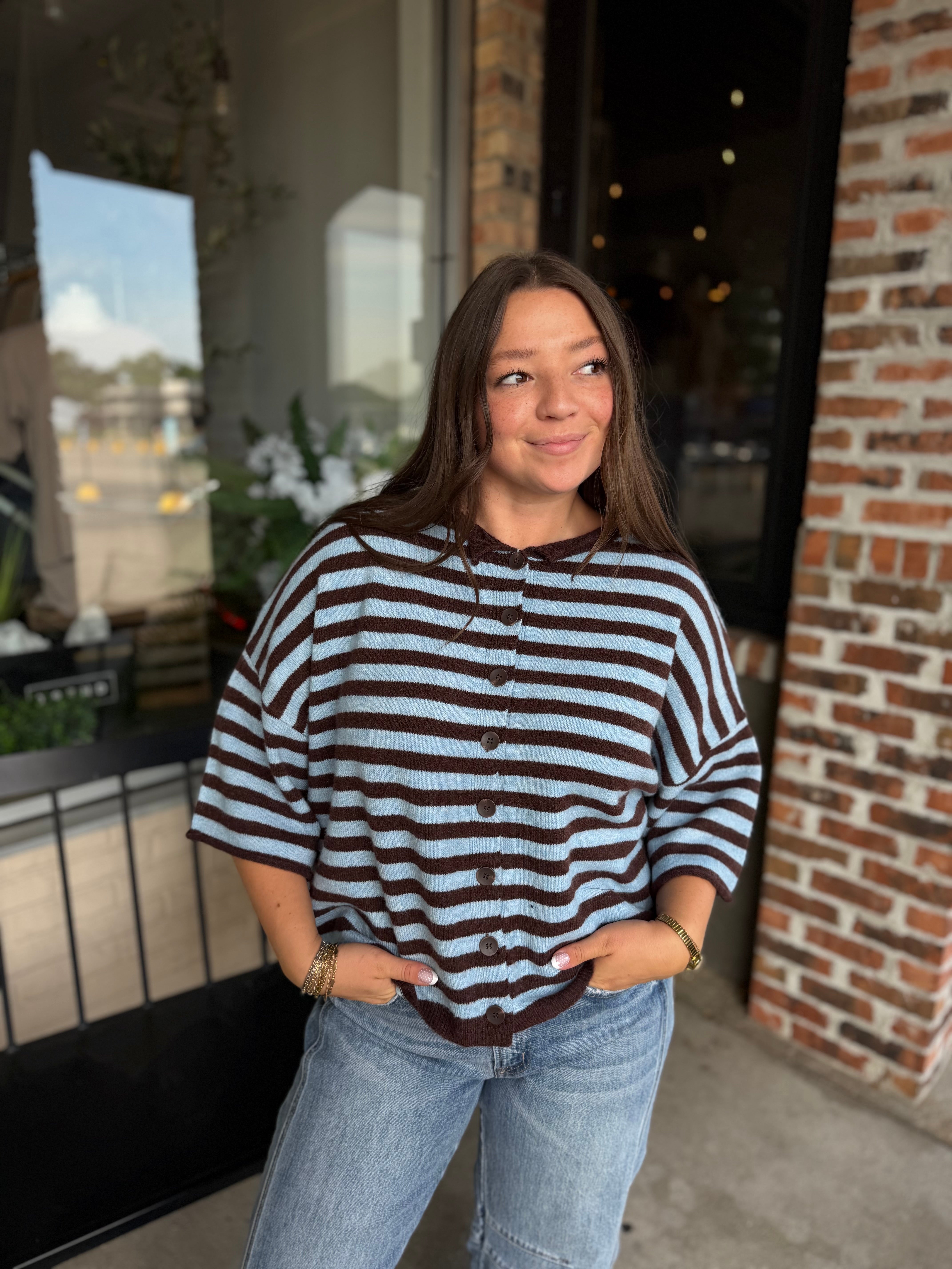 Brown Stripe Short Sleeve Cardi