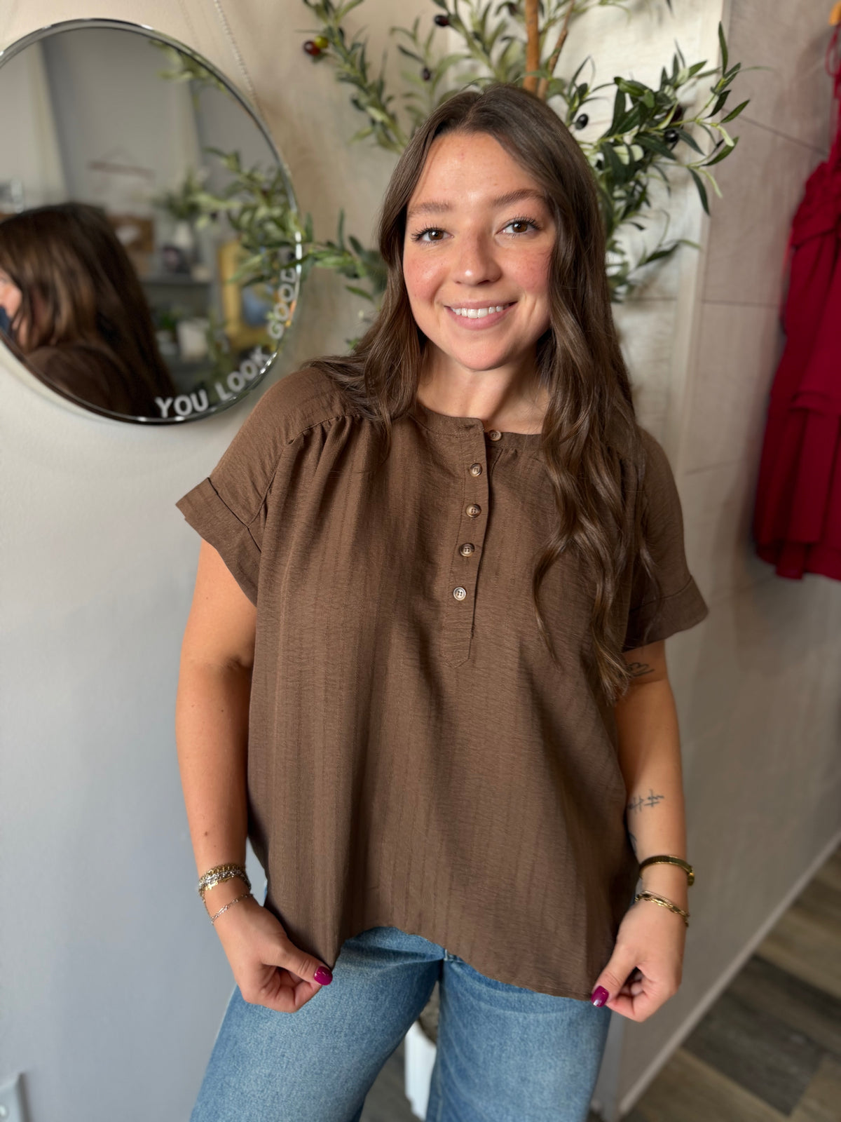 Brown Stripe Henley Short Sleeve Top