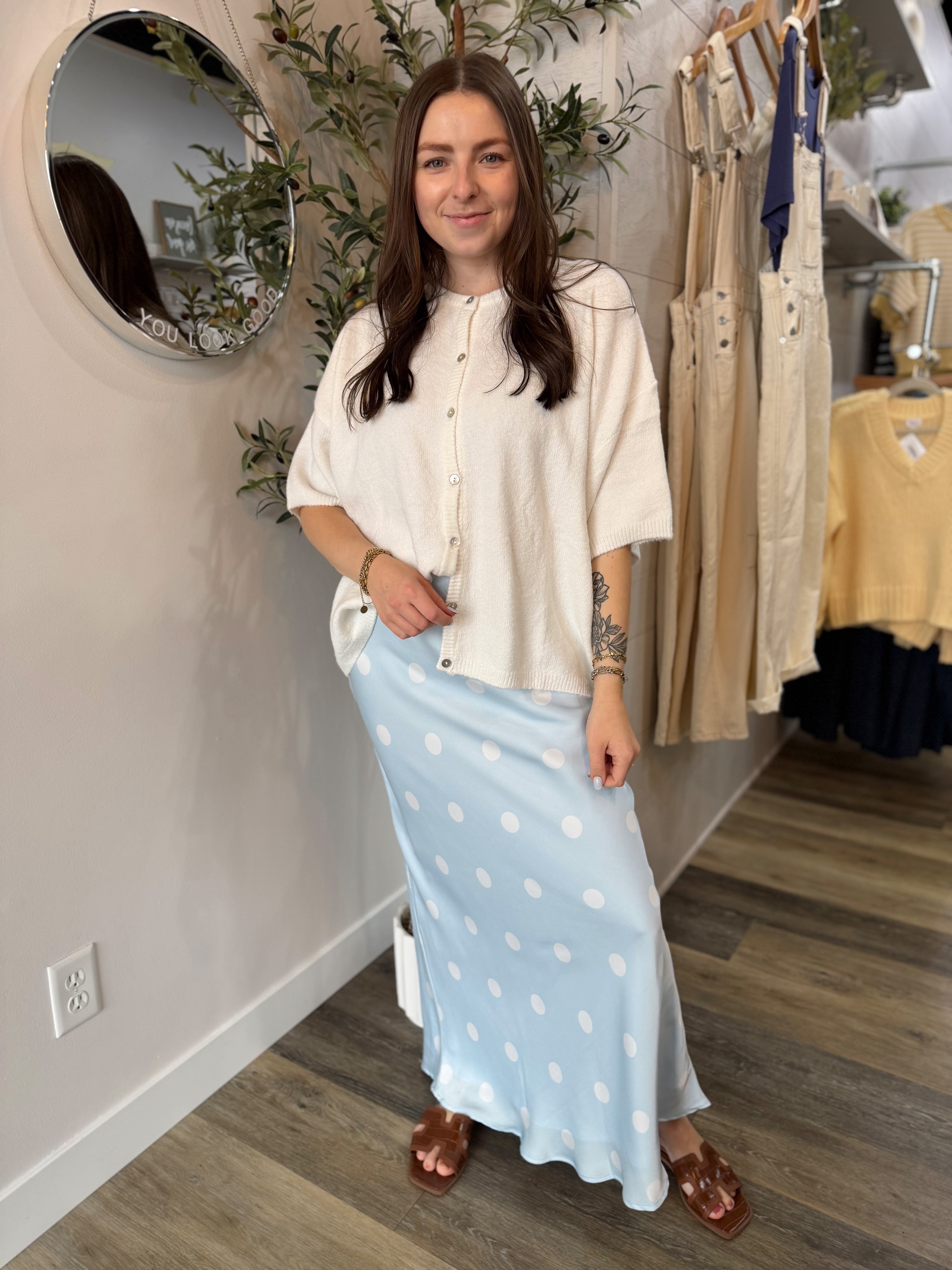Blue Satin Midi Polka Dot Skirt