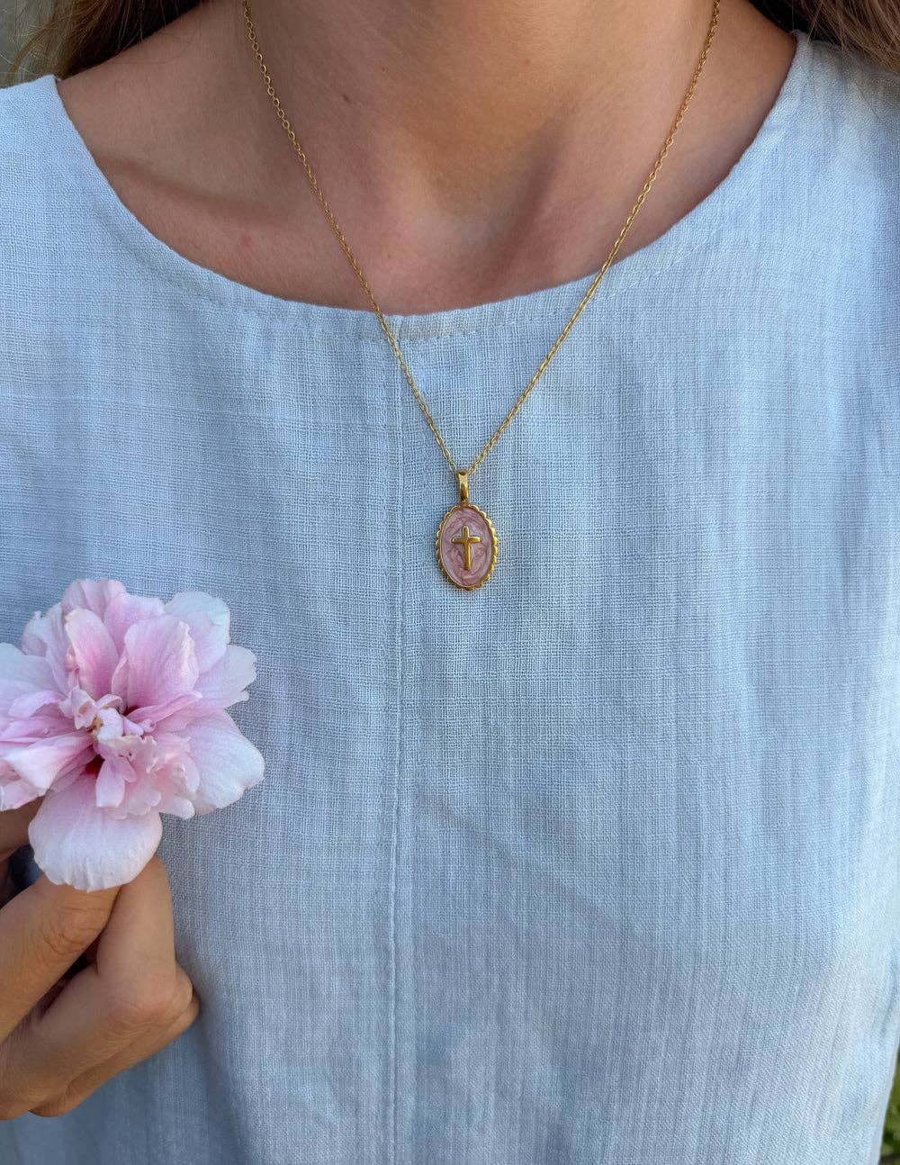 Vintage Rose Enamel Cross Link Necklace