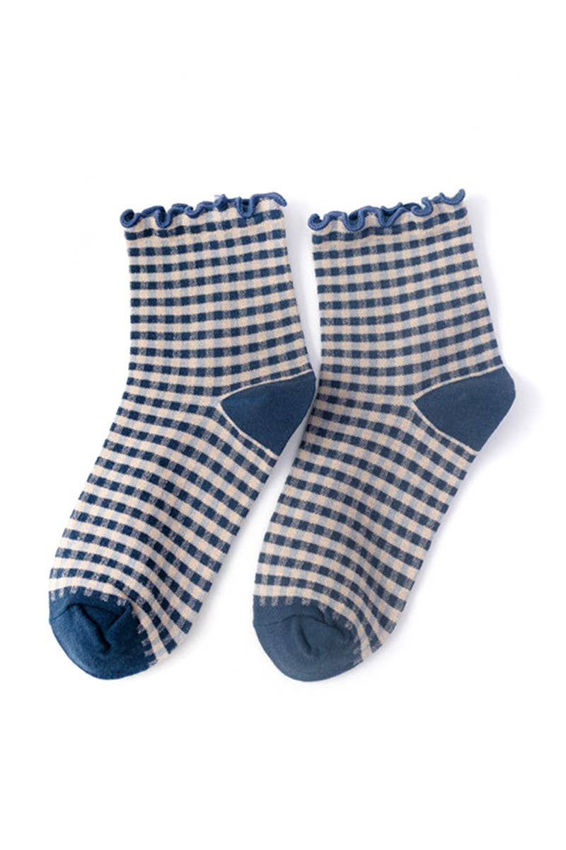 Navy Plaid Cotton Socks