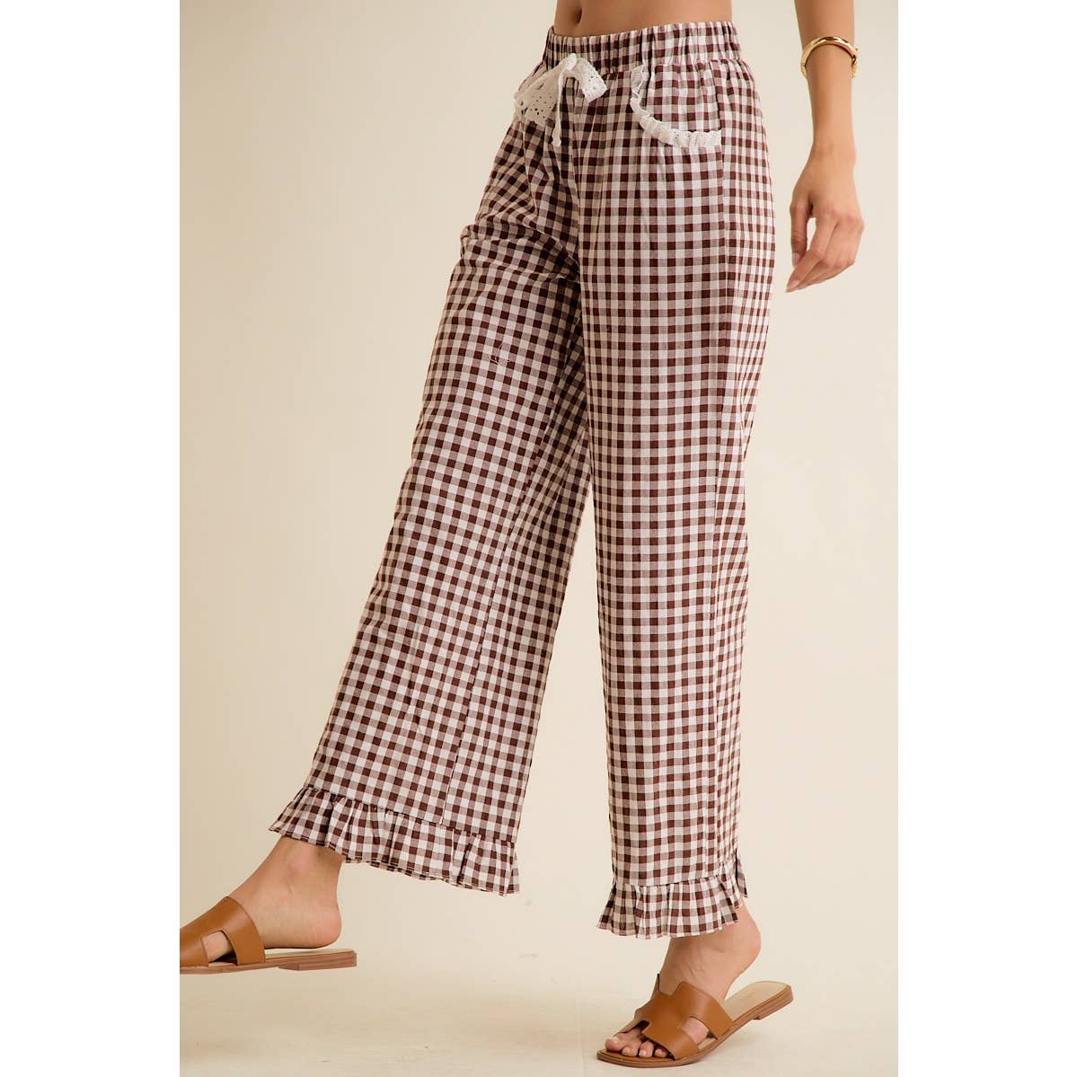 Brown Gingham Lace Pants