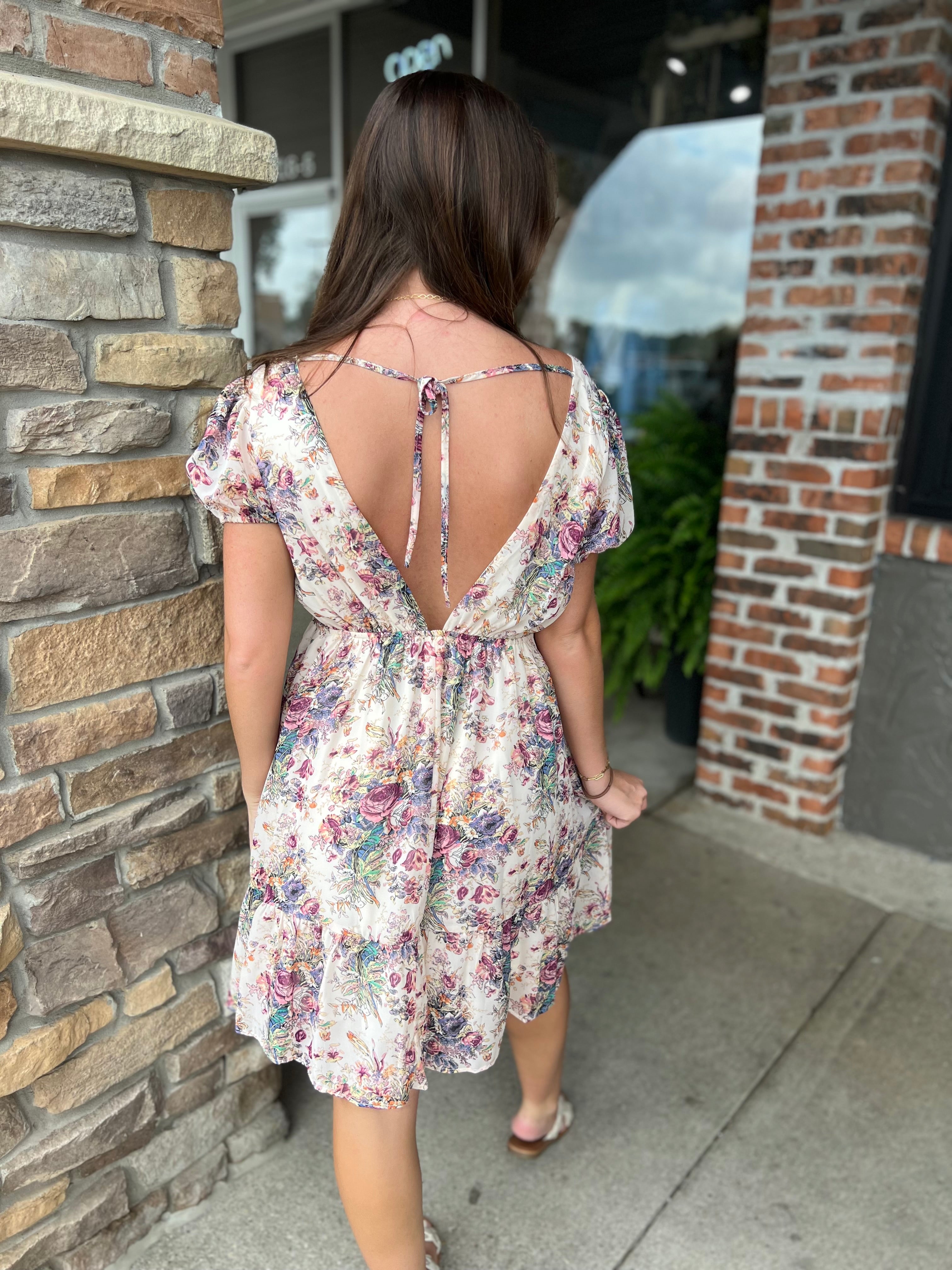 Cream Floral Back Tie Dress