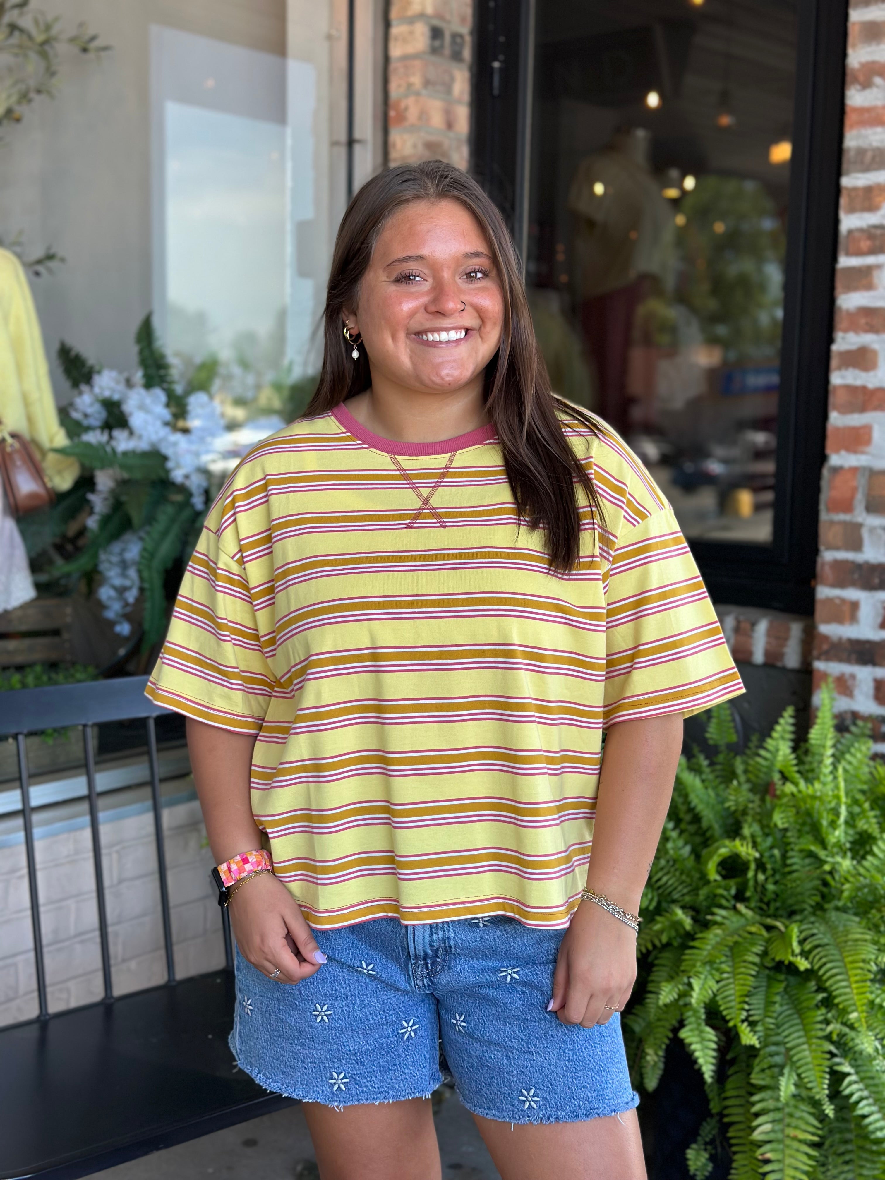 Yellow Striped Short Sleeve Relaxed Top