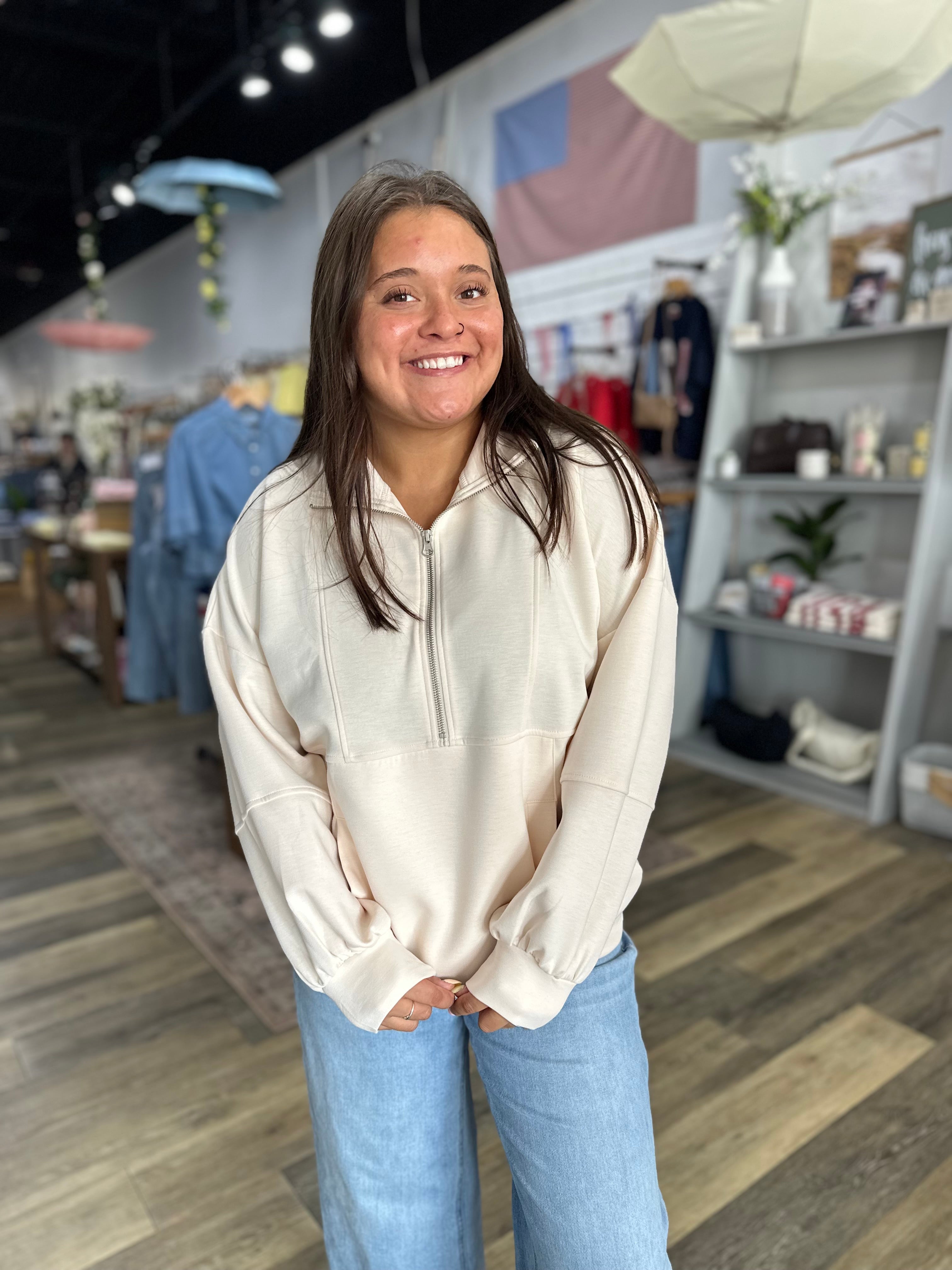 Cream Half Zip Oversized Top