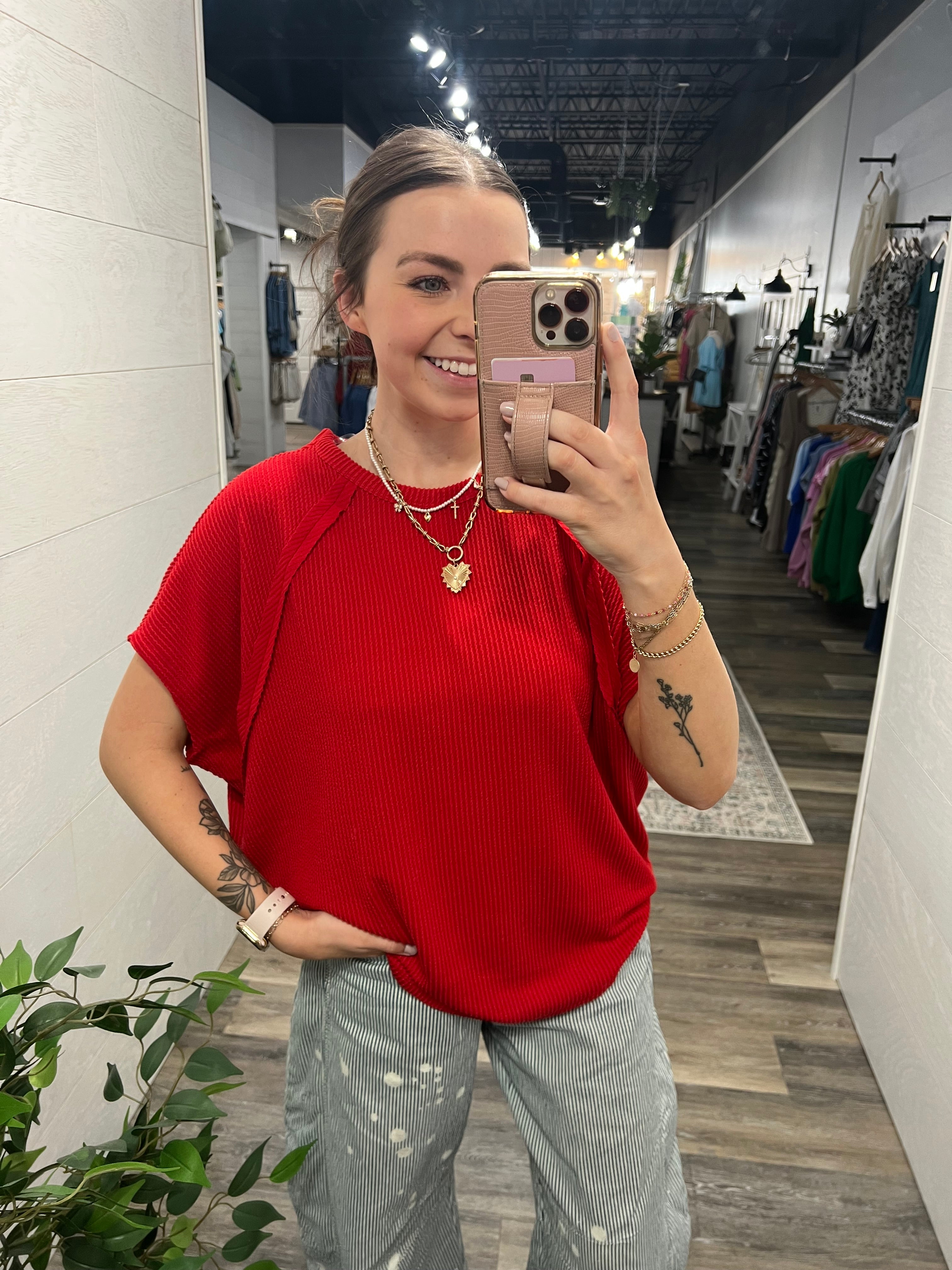 Red Ribbed Loose Fit Top