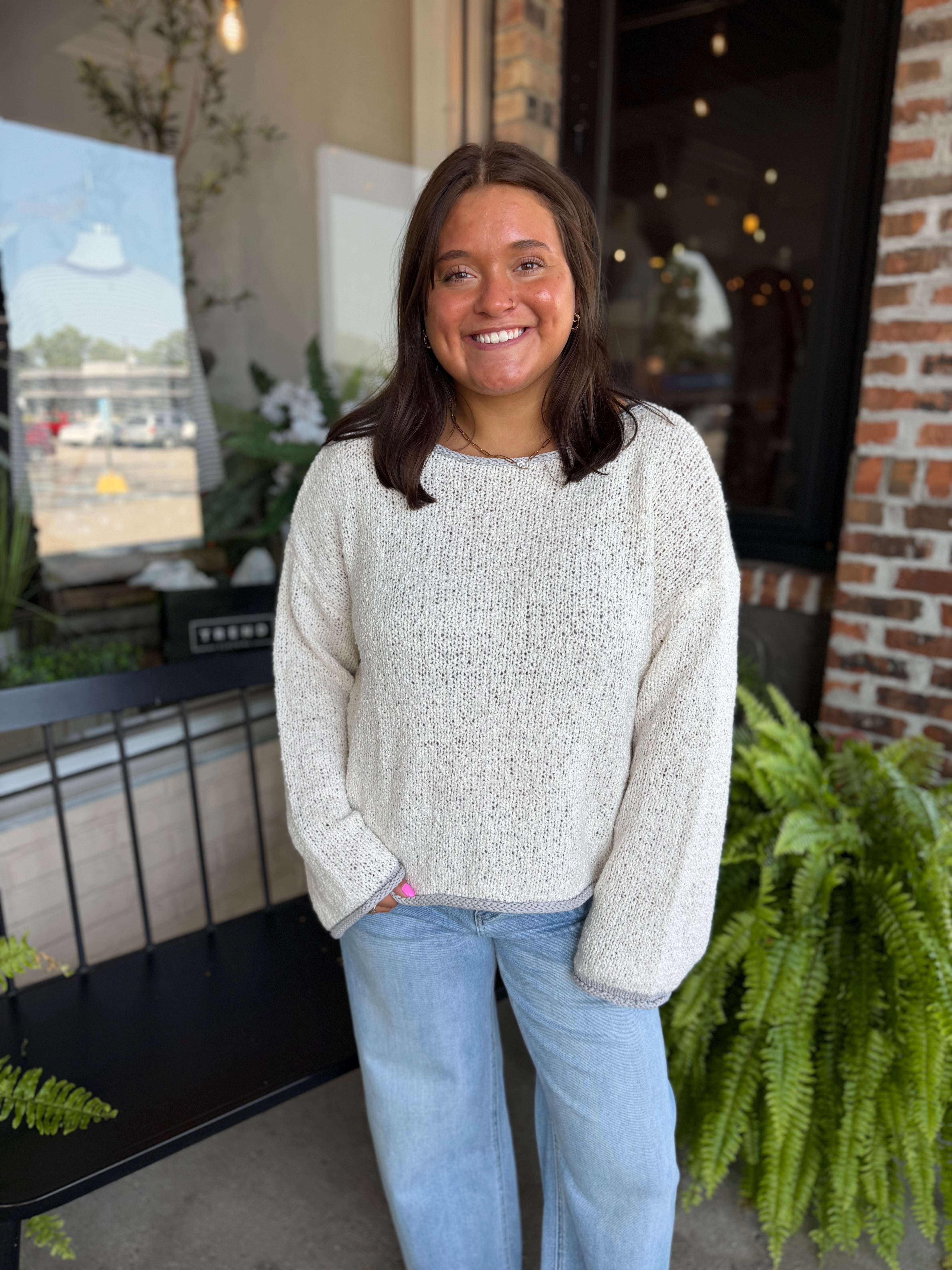 Oatmeal Boat Neck Contrast Trim Sweater