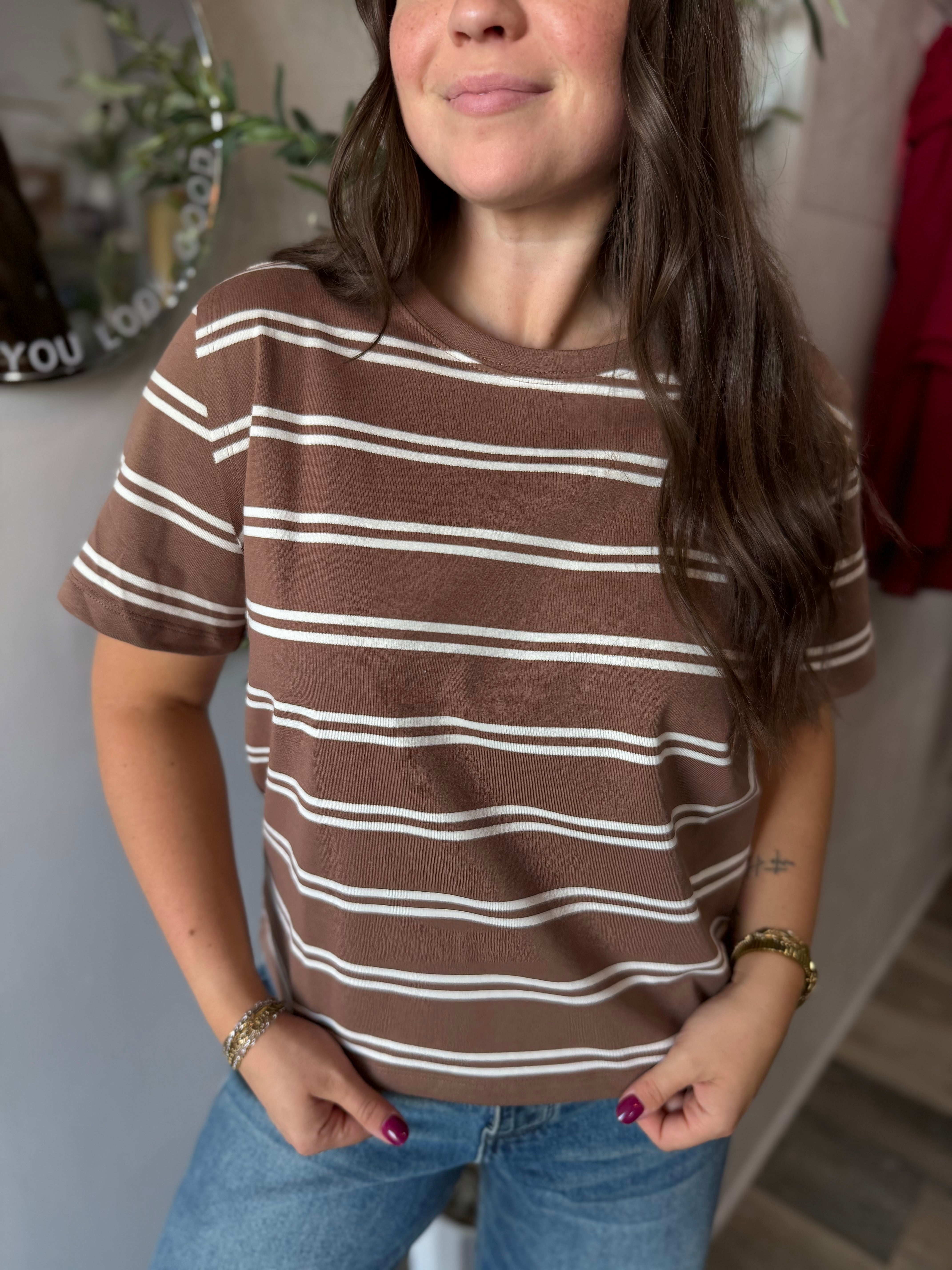 Brown Striped Boxy Short Sleeve Tee