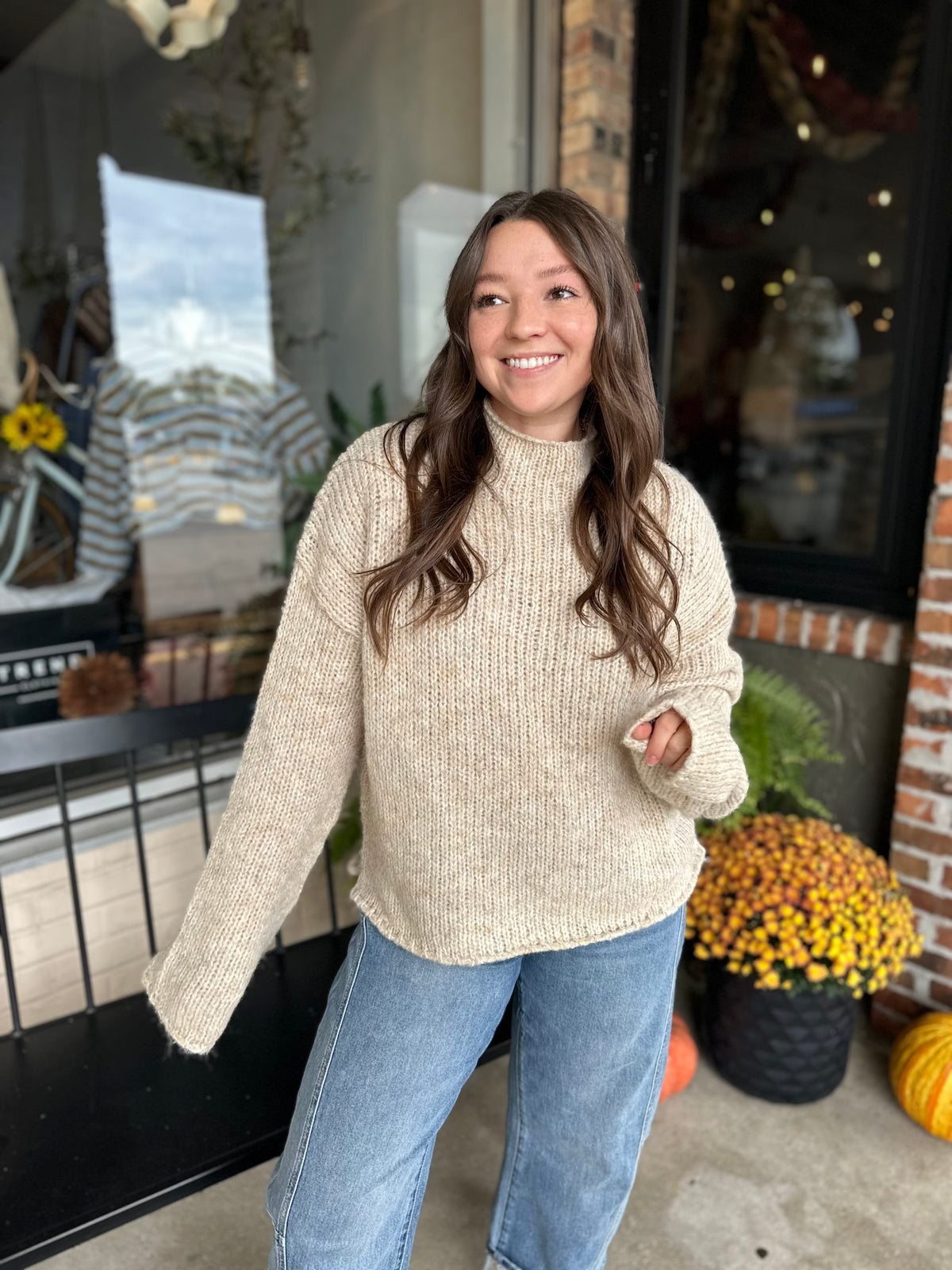 Cream Mock Neck Oversized Sweater