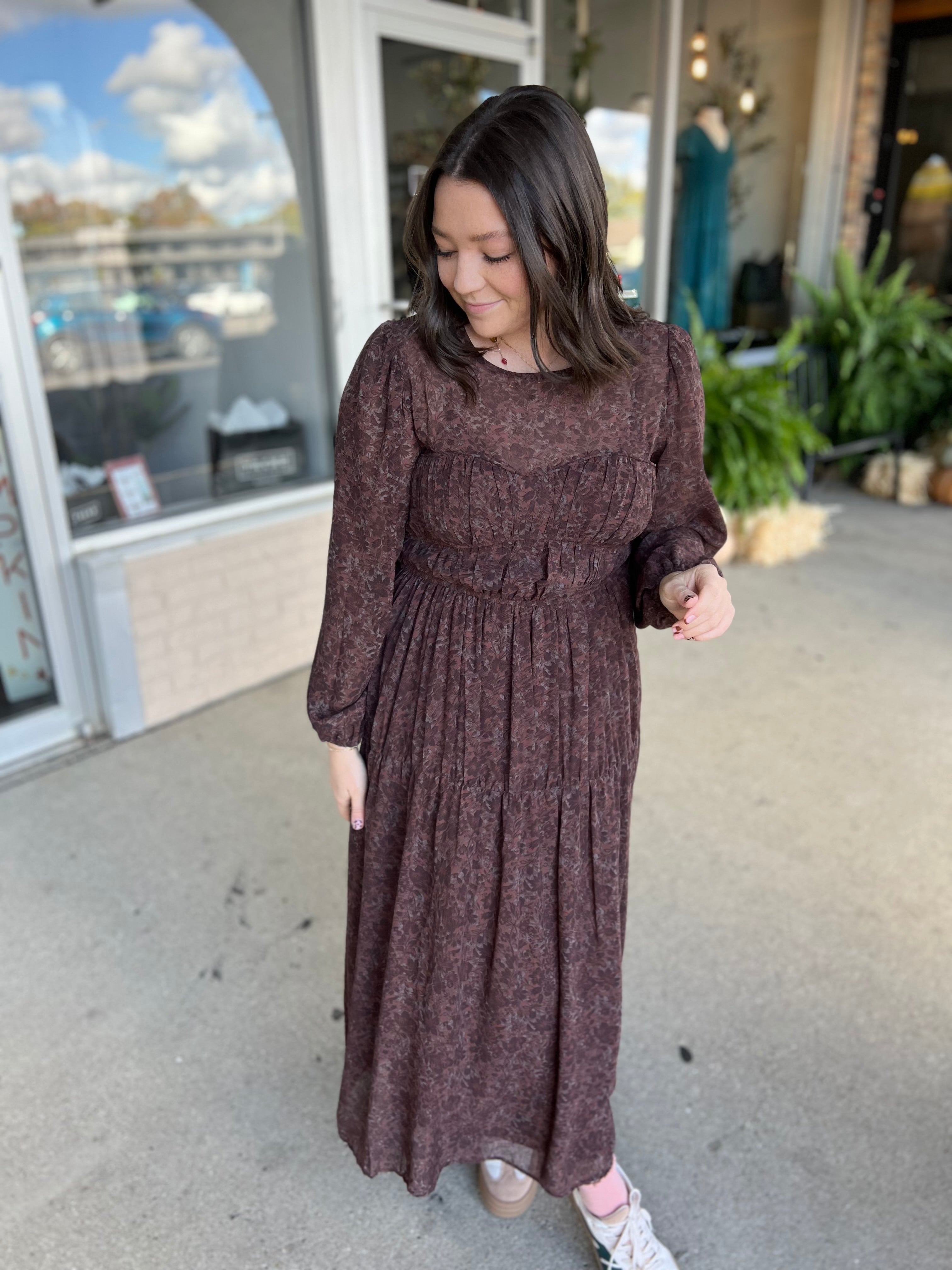 Brown Floral Sweetheart Maxi Dress